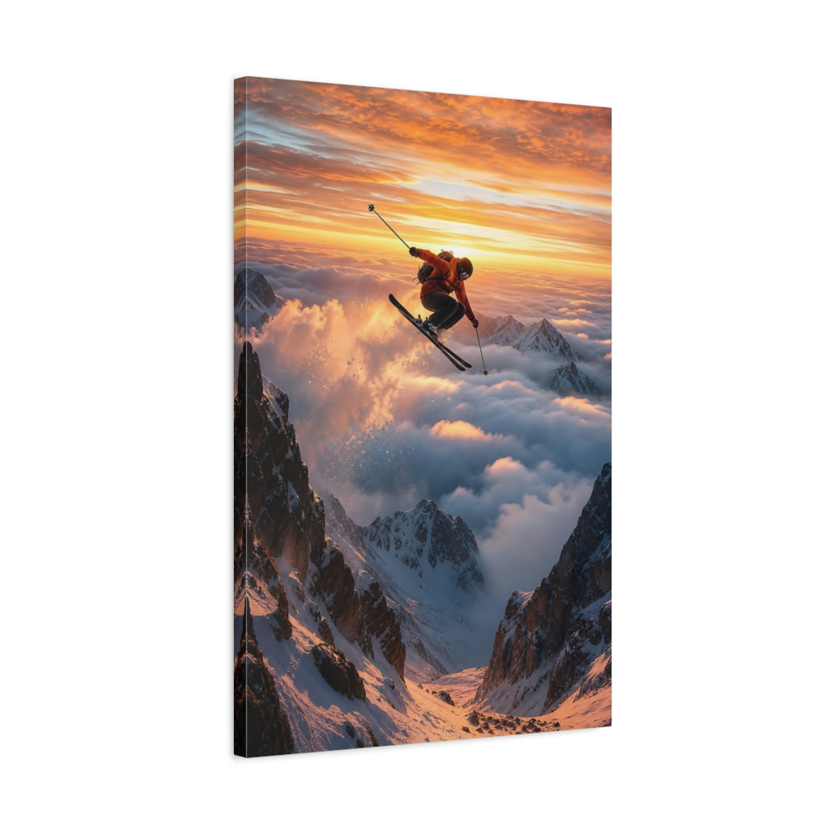 Nature Mountain Skier Orange Sky Canvas Wall Art Print - Living Room Decor shown as canvas wall art