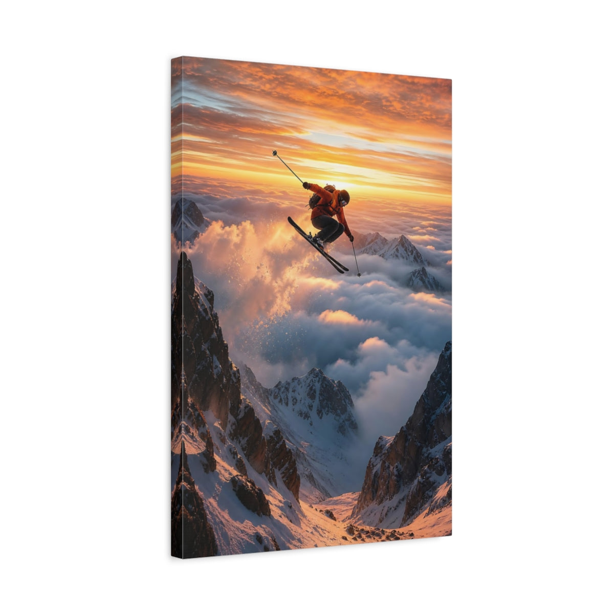 Nature Mountain Skier Orange Sky Canvas Wall Art Print - Living Room Decor shown as canvas wall art