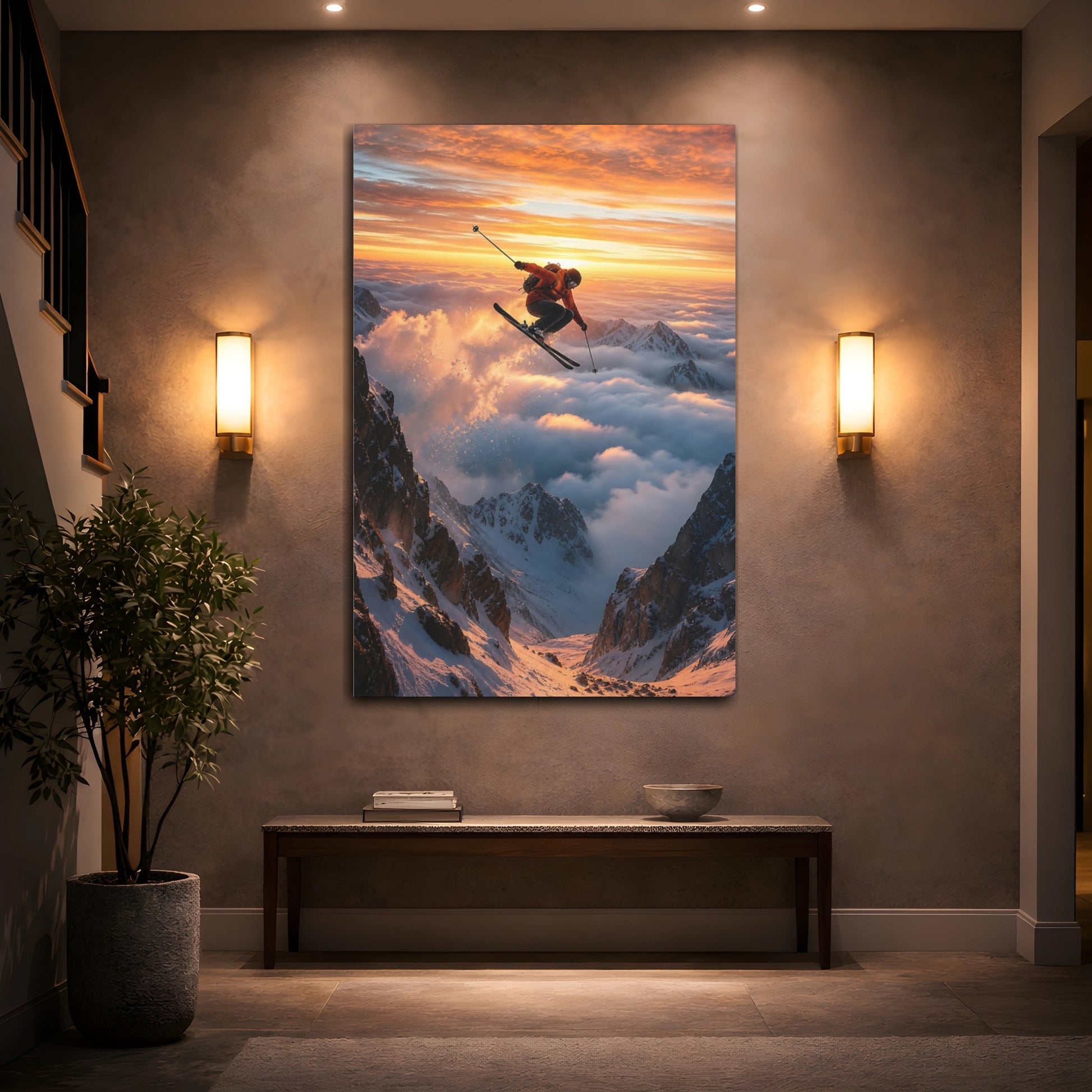 Nature Mountain Skier Orange Sky Canvas Wall Art Print - Living Room Decor shown as canvas wall art