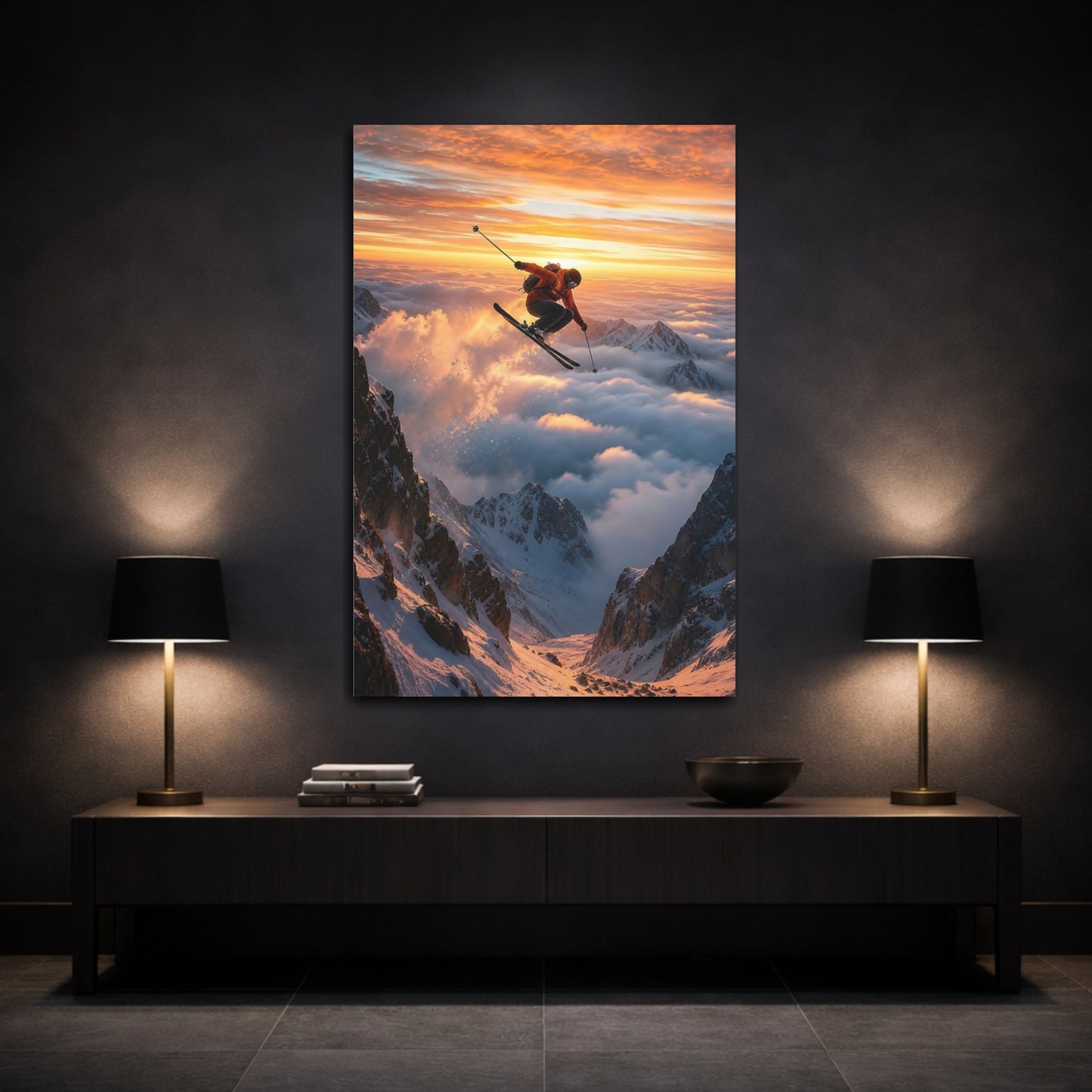 Nature Mountain Skier Orange Sky Canvas Wall Art Print - Living Room Decor shown as canvas wall art