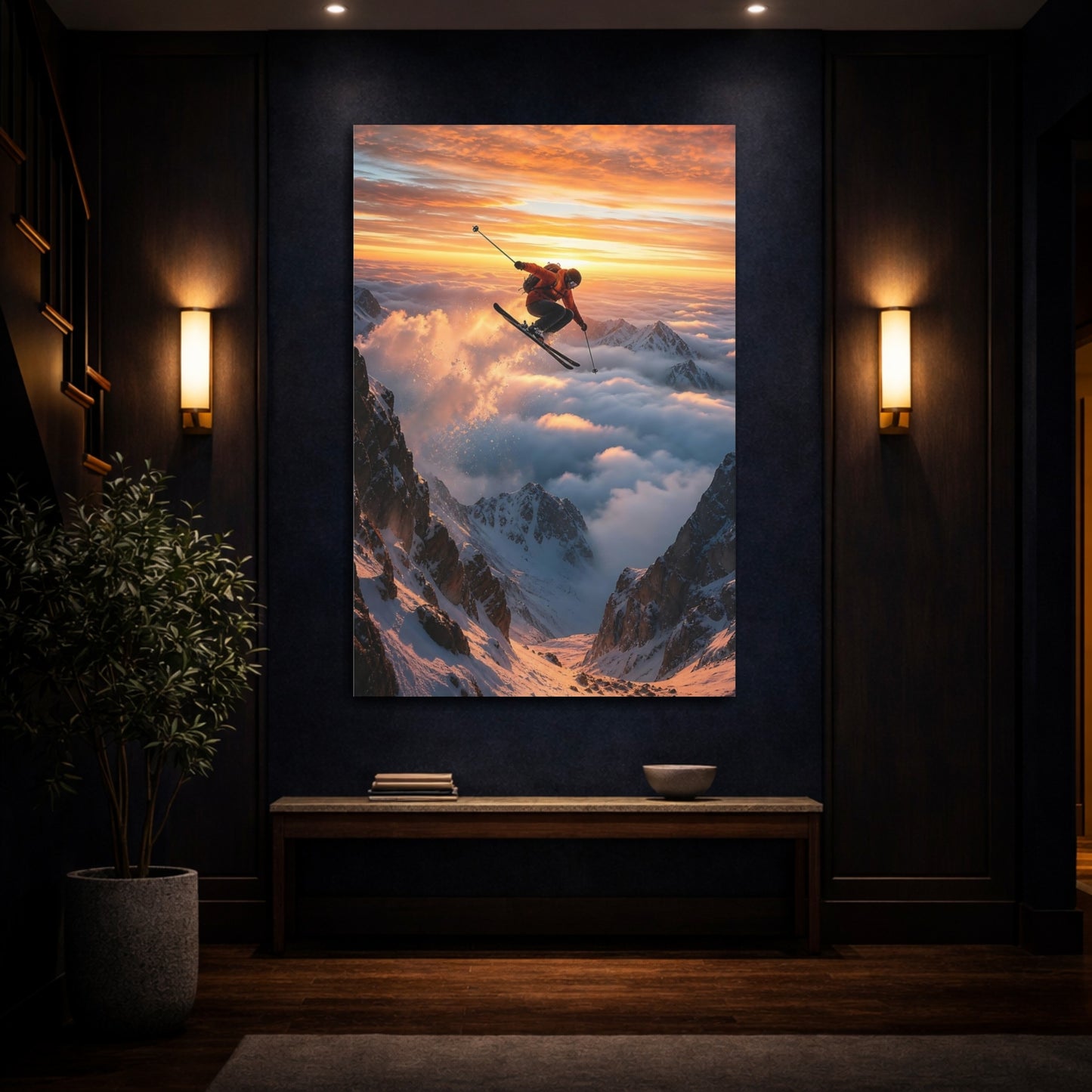 Nature Mountain Skier Orange Sky Canvas Wall Art Print - Living Room Decor shown as canvas wall art