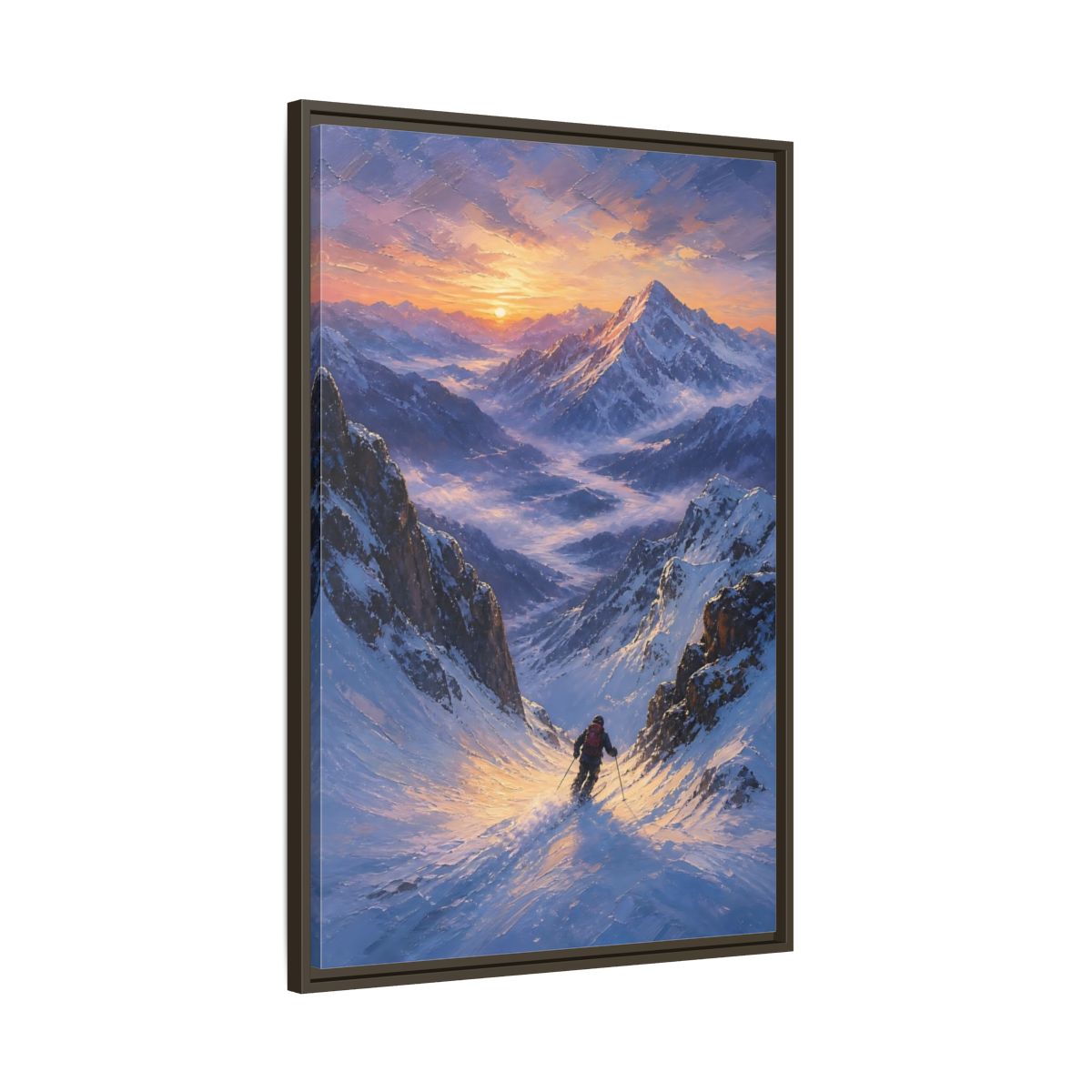 Main Mockup. Nature Mountain Skier Snowy Mountain Sunset shown as stretched canvas wall art