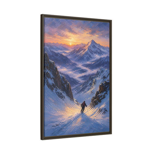 Main Mockup. Nature Mountain Skier Snowy Mountain Sunset shown as stretched canvas wall art