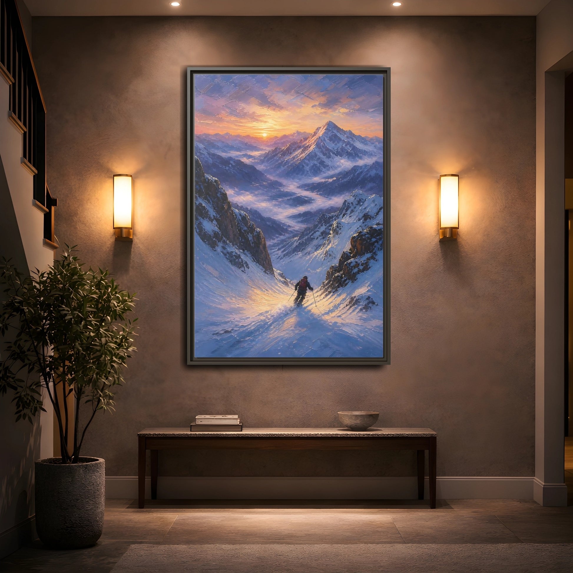 Mockup 2. Nature Mountain Skier Snowy Mountain Sunset shown as stretched canvas wall art