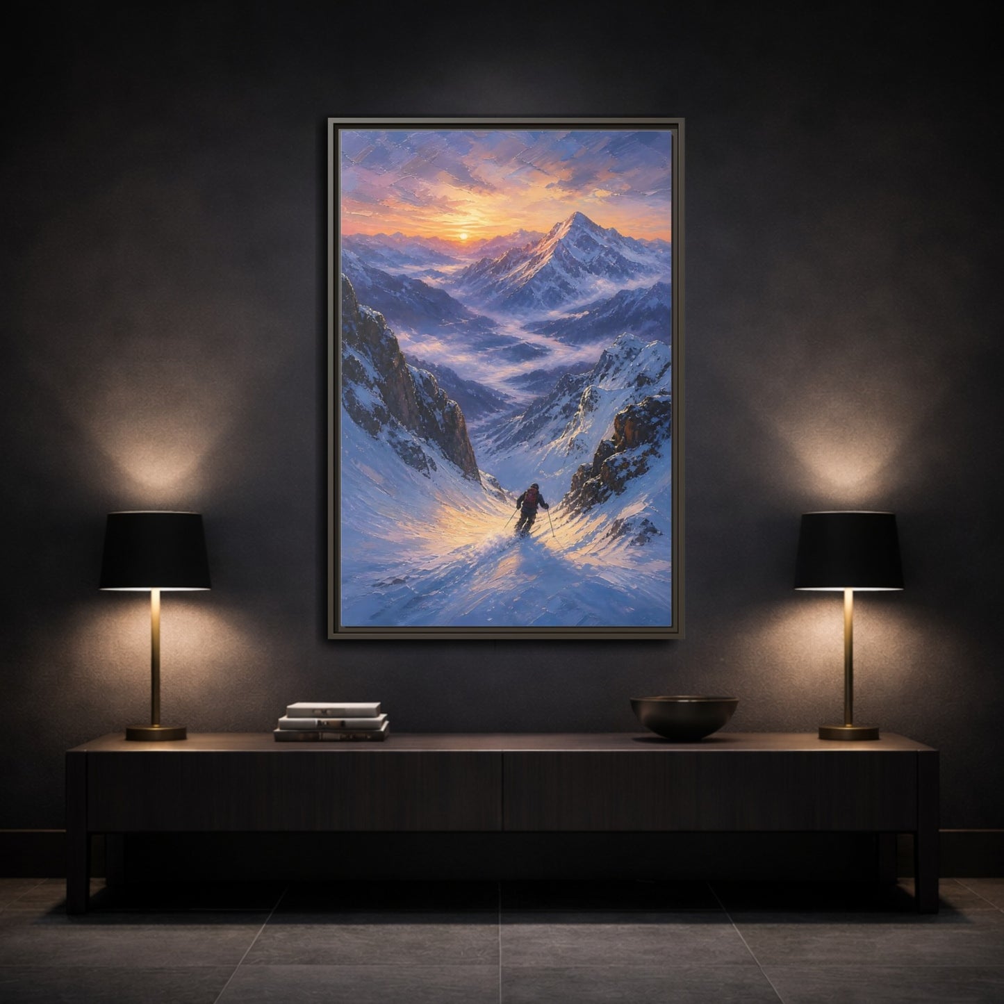 Mockup 3. Nature Mountain Skier Snowy Mountain Sunset shown as stretched canvas wall art