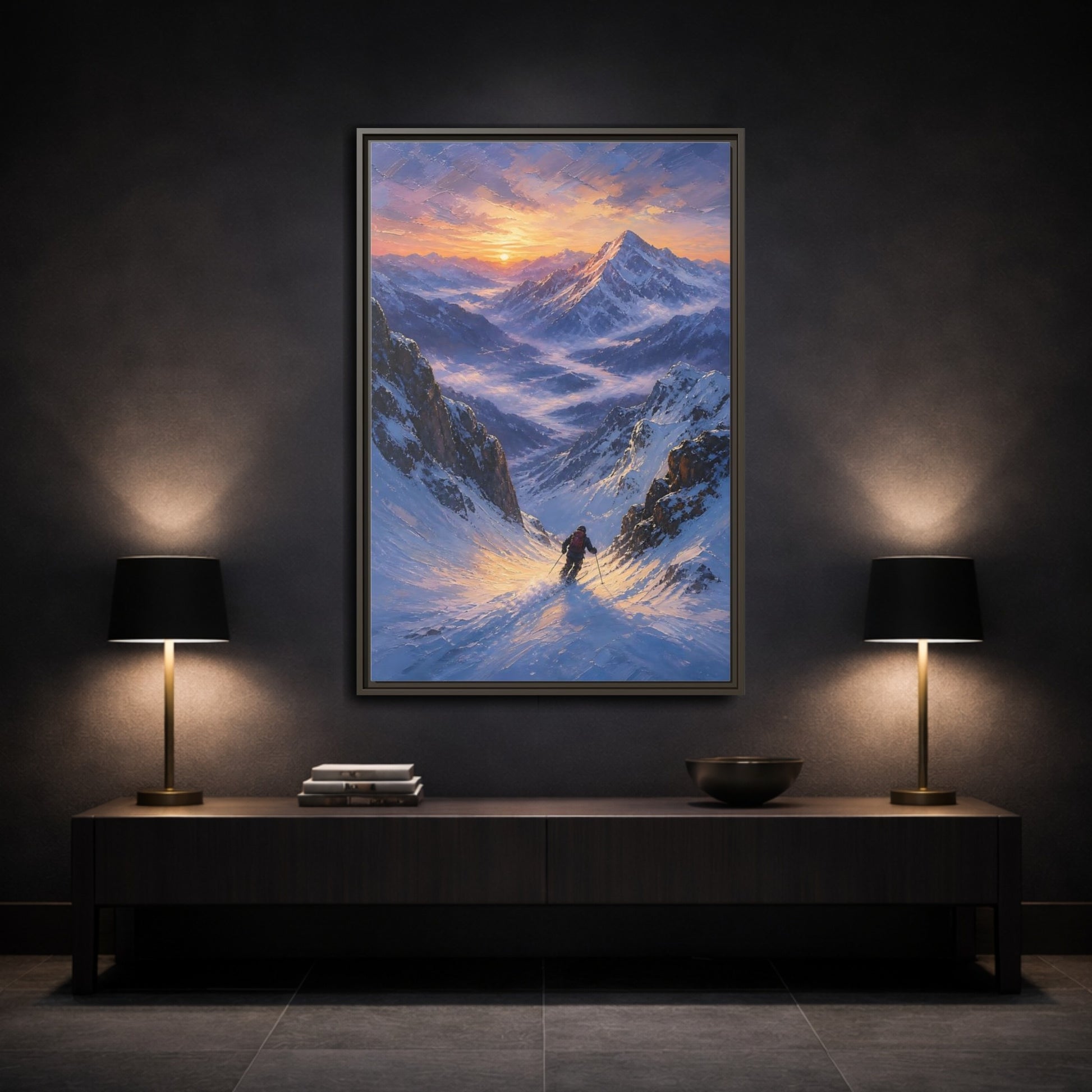 Mockup 3. Nature Mountain Skier Snowy Mountain Sunset shown as stretched canvas wall art