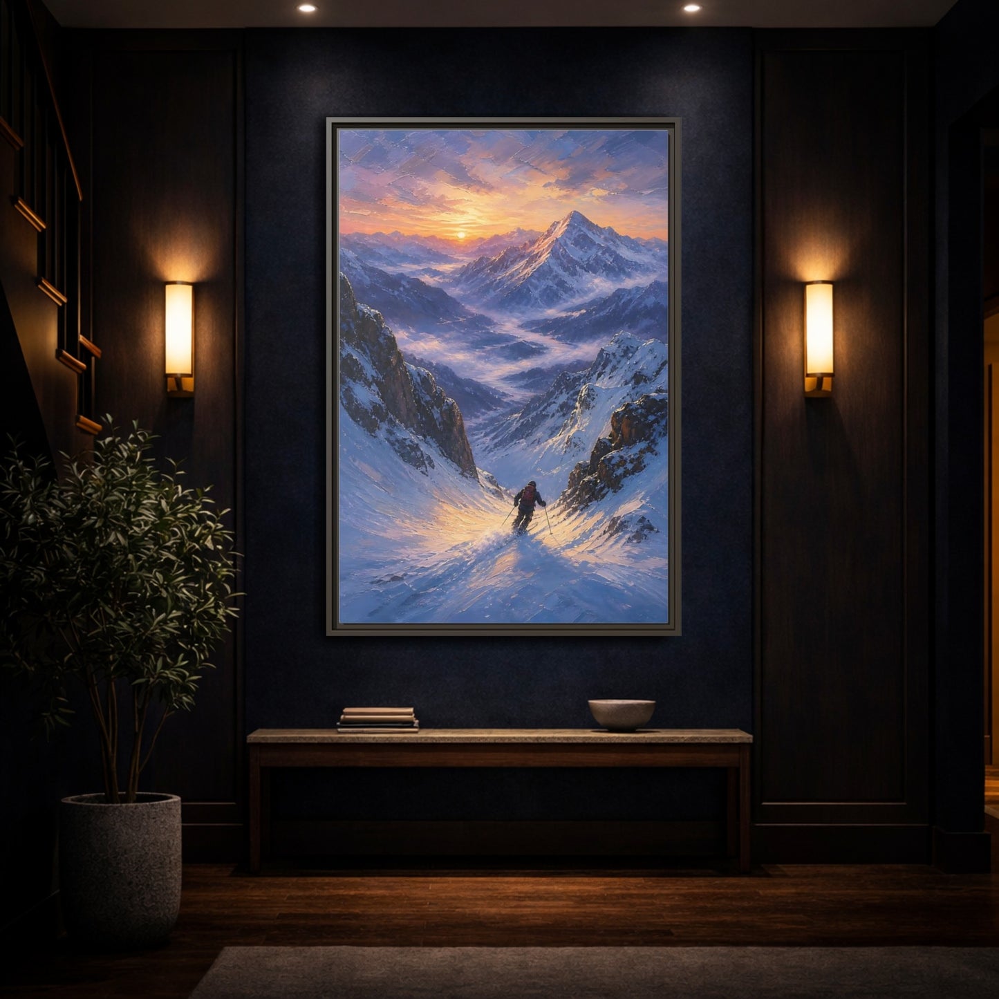 Mockup 4. Nature Mountain Skier Snowy Mountain Sunset shown as stretched canvas wall art