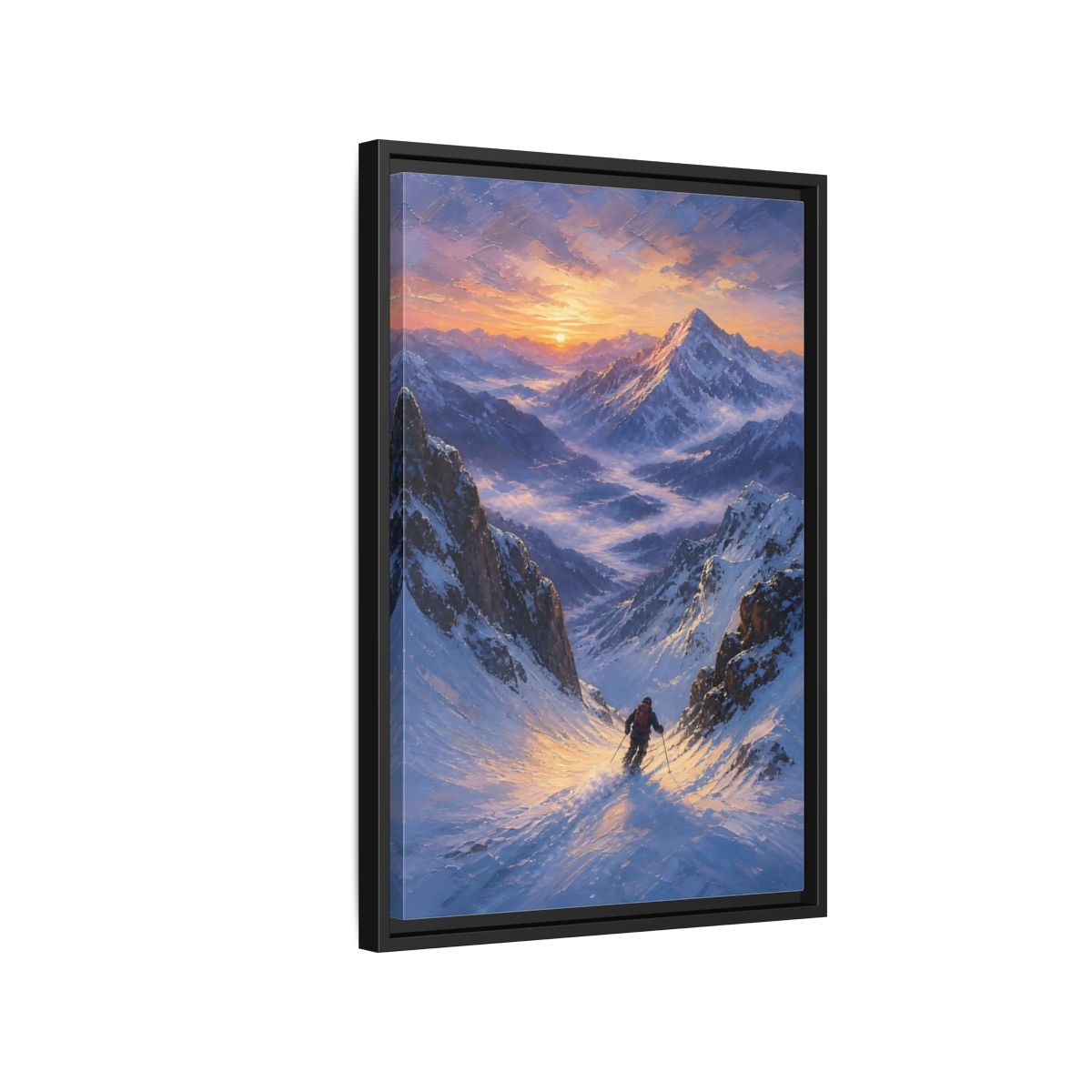 Side Mockup 3. Nature Mountain Skier Snowy Mountain Sunset shown as stretched canvas wall art