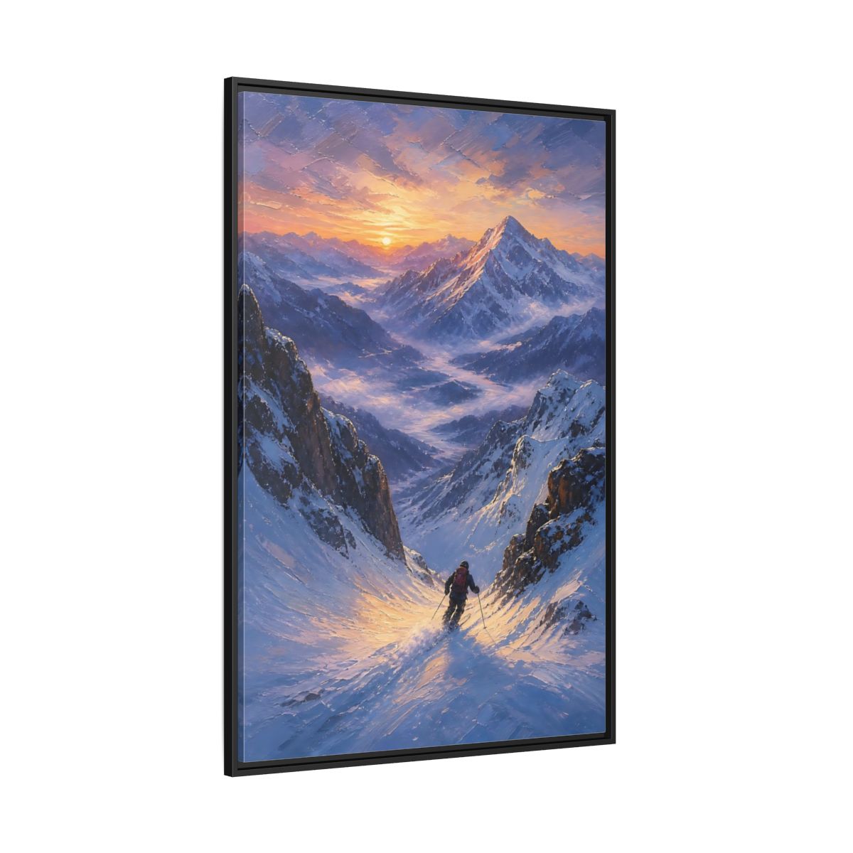 Side Mockup 12. Nature Mountain Skier Snowy Mountain Sunset shown as stretched canvas wall art