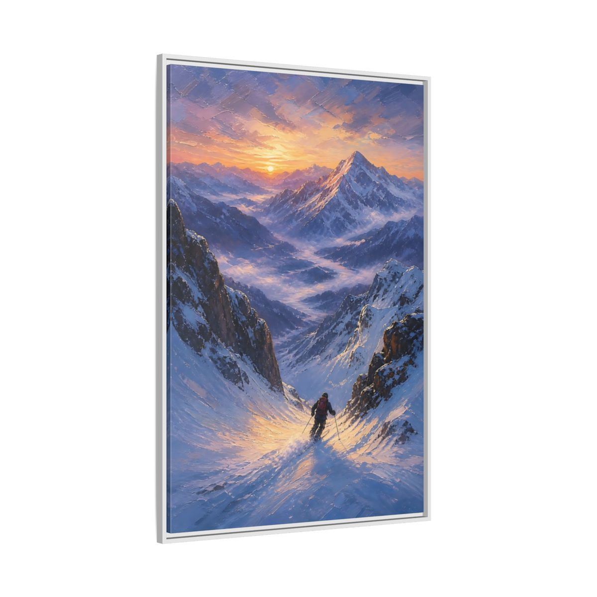 Side Mockup 7. Nature Mountain Skier Snowy Mountain Sunset shown as stretched canvas wall art