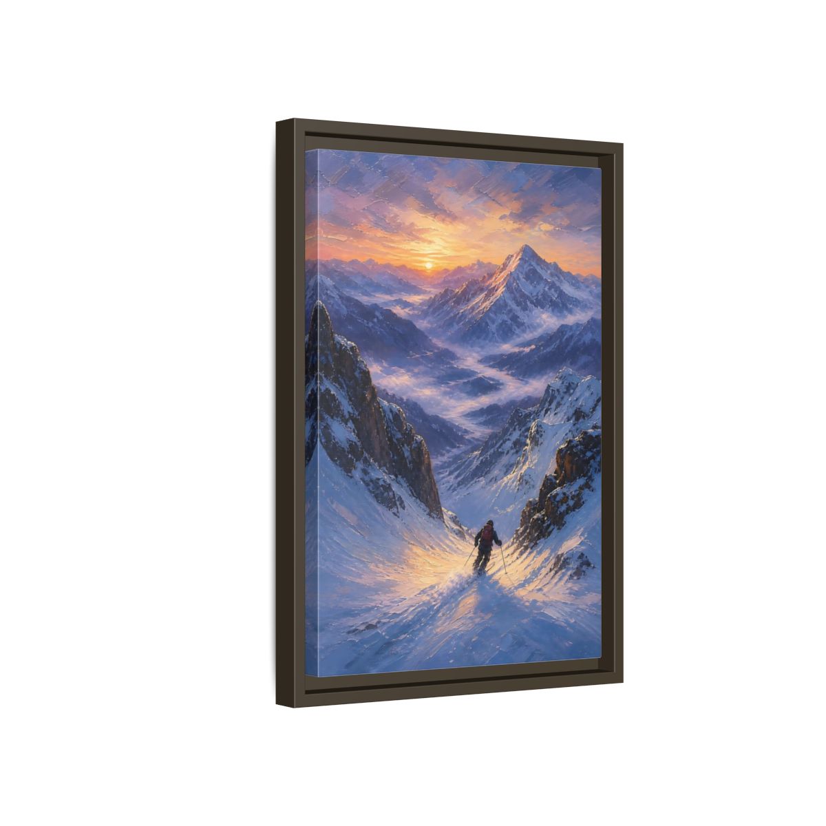 Side Mockup 5. Nature Mountain Skier Snowy Mountain Sunset shown as stretched canvas wall art