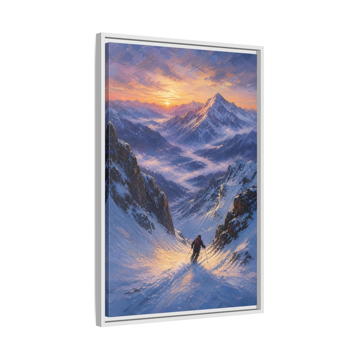 Side Mockup 10. Nature Mountain Skier Snowy Mountain Sunset shown as stretched canvas wall art
