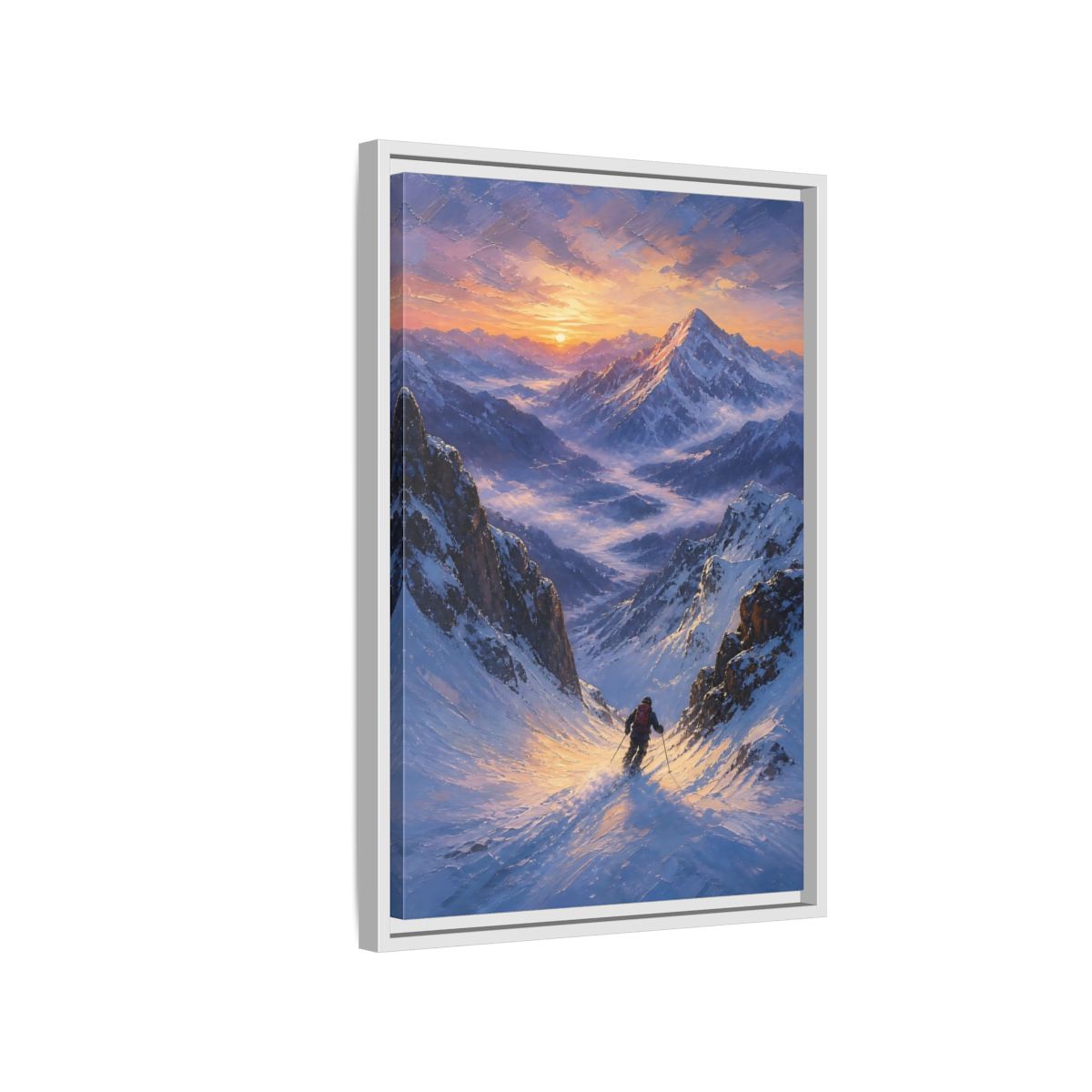 Side Mockup 1. Nature Mountain Skier Snowy Mountain Sunset shown as stretched canvas wall art