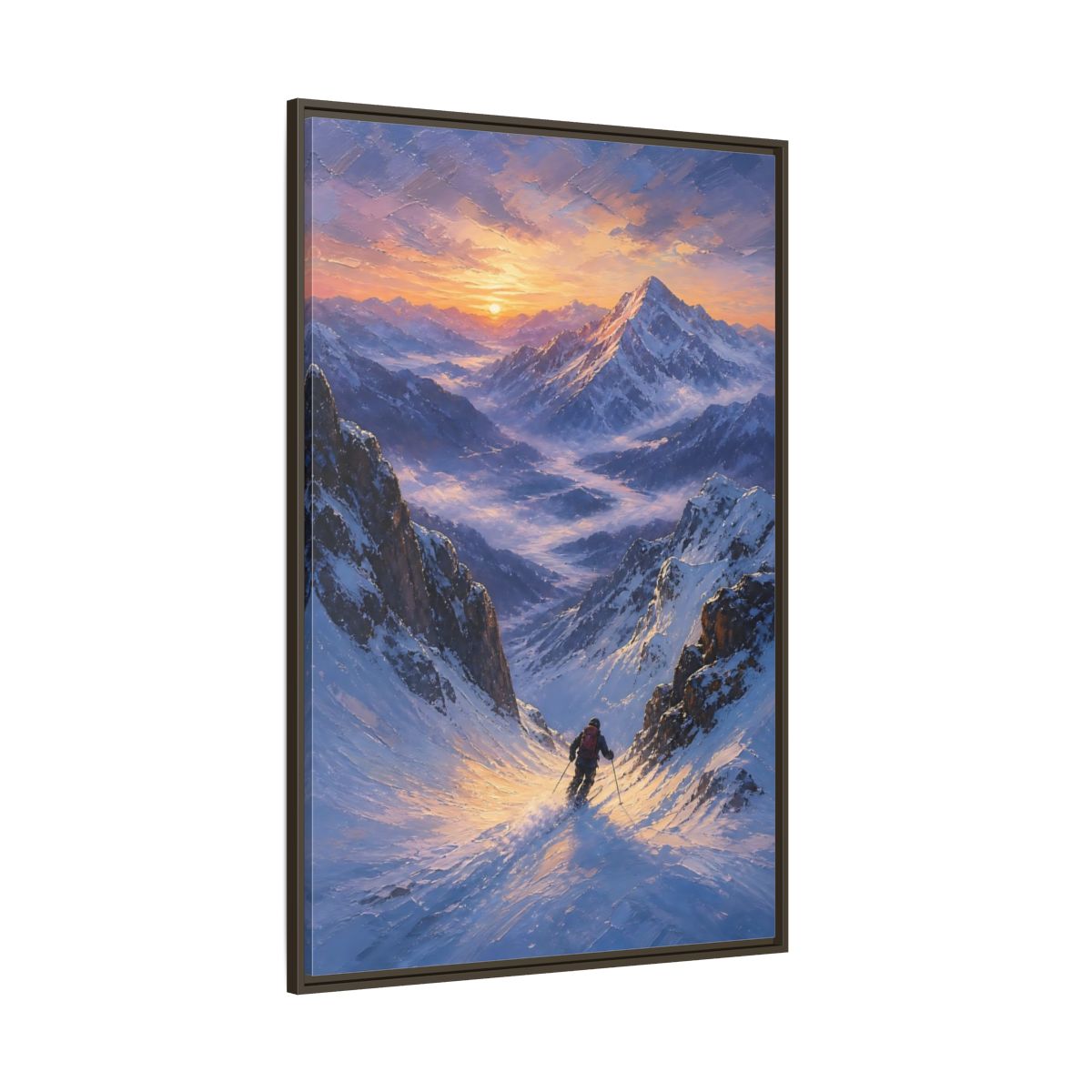 Side Mockup 8. Nature Mountain Skier Snowy Mountain Sunset shown as stretched canvas wall art