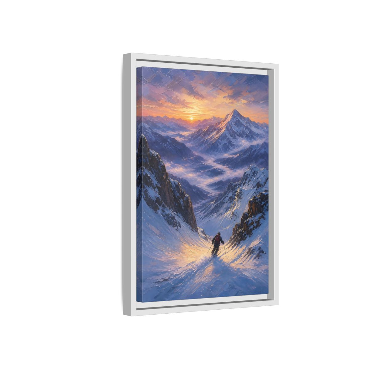 Side Mockup 4. Nature Mountain Skier Snowy Mountain Sunset shown as stretched canvas wall art