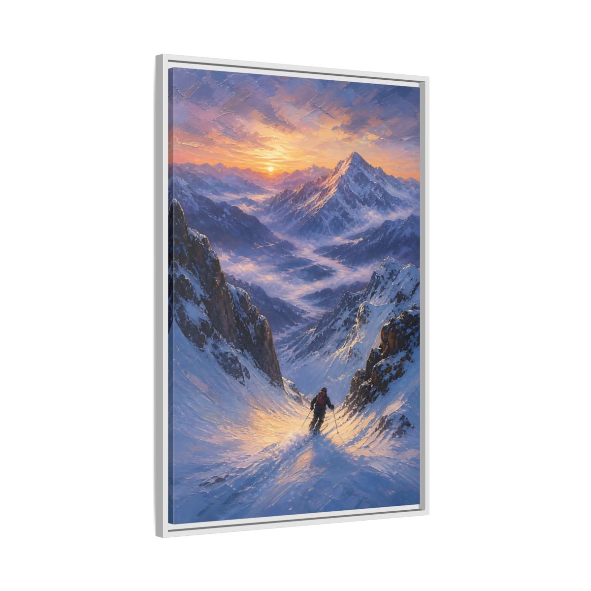 Side Mockup 9. Nature Mountain Skier Snowy Mountain Sunset shown as stretched canvas wall art