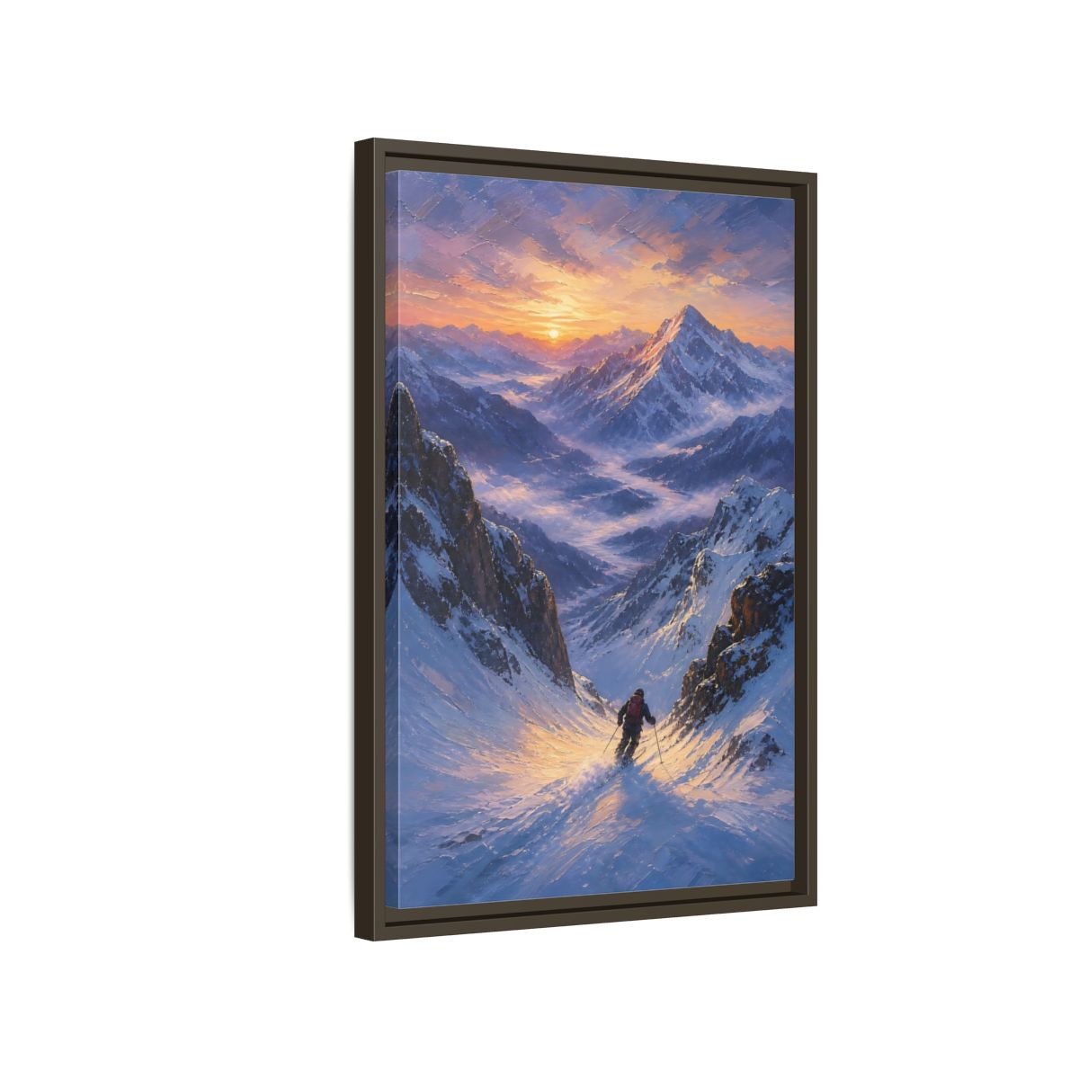 Side Mockup 2. Nature Mountain Skier Snowy Mountain Sunset shown as stretched canvas wall art