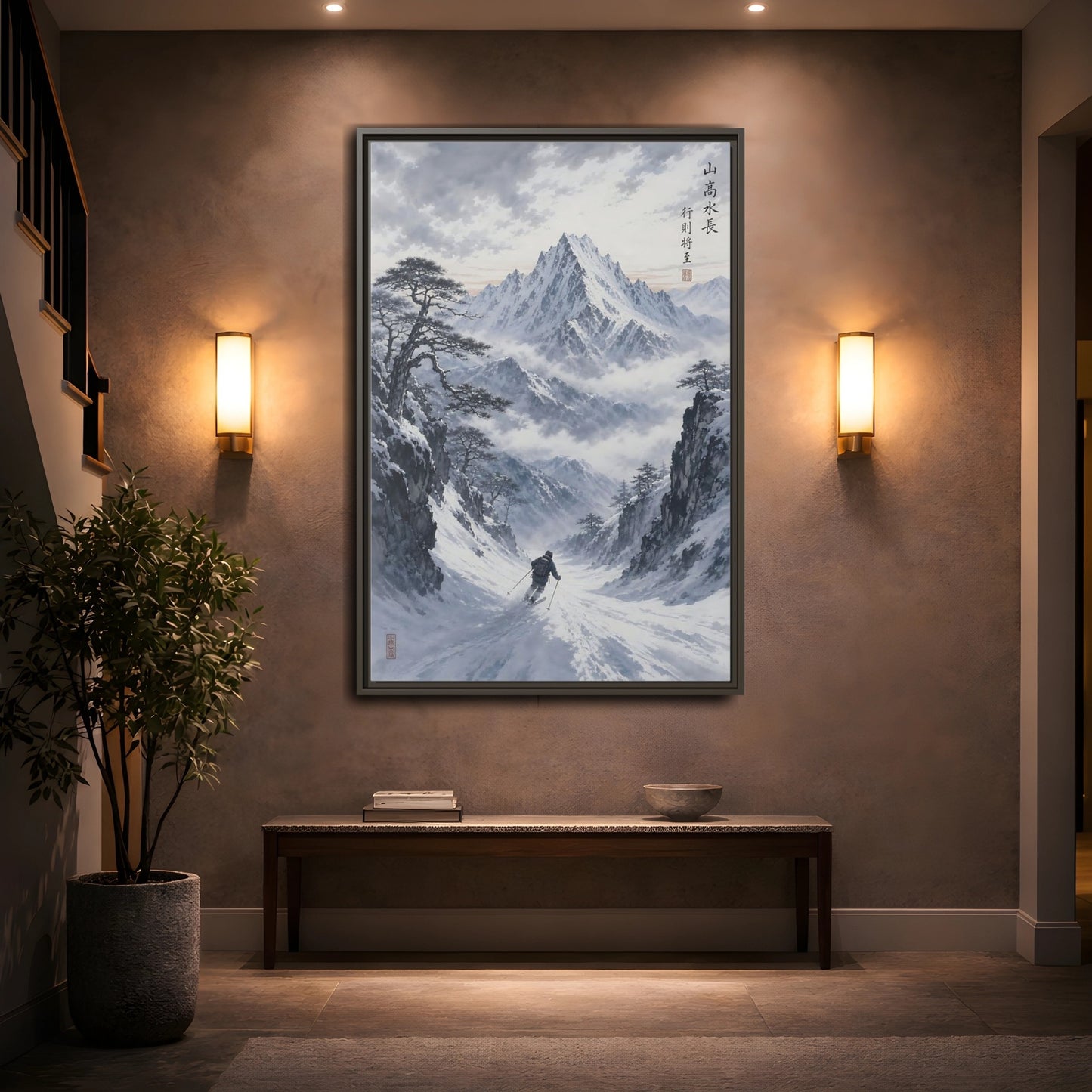 Mockup 2. Nature Mountain Skier Winter Mountain Skiing shown as stretched canvas wall art