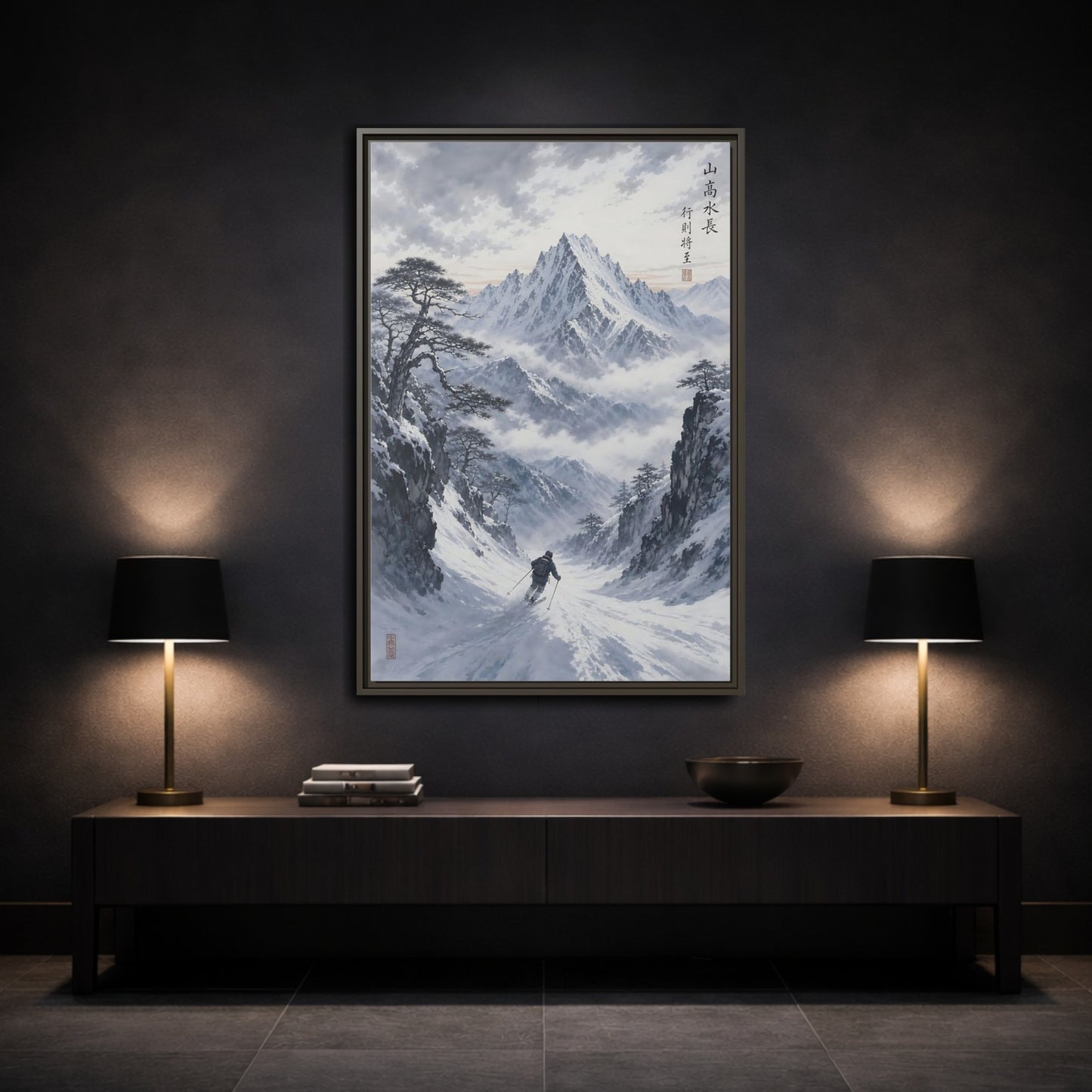 Mockup 3. Nature Mountain Skier Winter Mountain Skiing shown as stretched canvas wall art