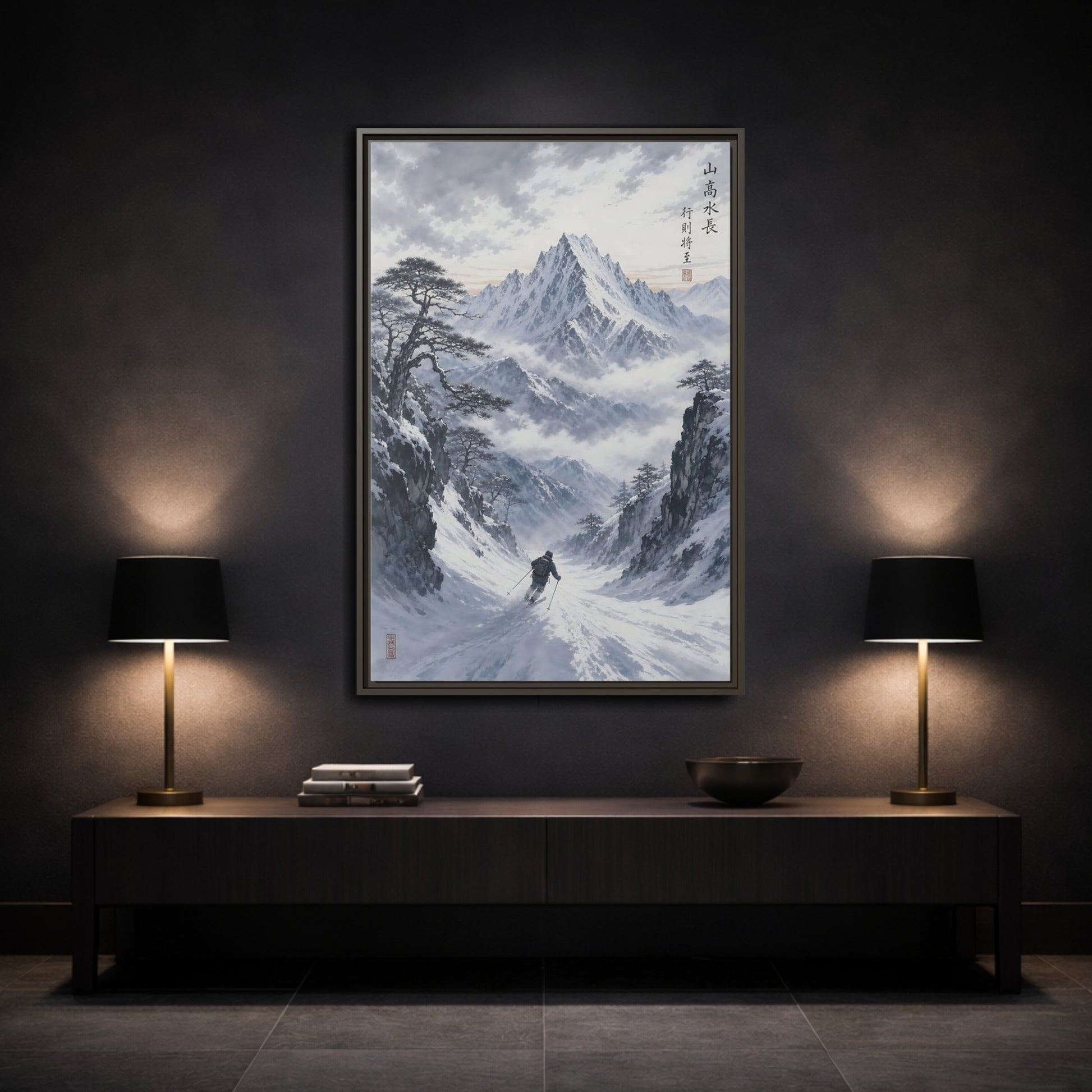 Mockup 3. Nature Mountain Skier Winter Mountain Skiing shown as stretched canvas wall art