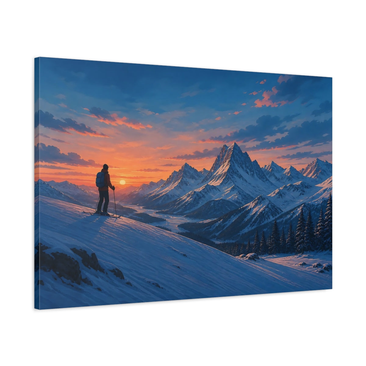 Main Mockup. Nature Mountain Skier Winter Sunset shown as stretched canvas wall art