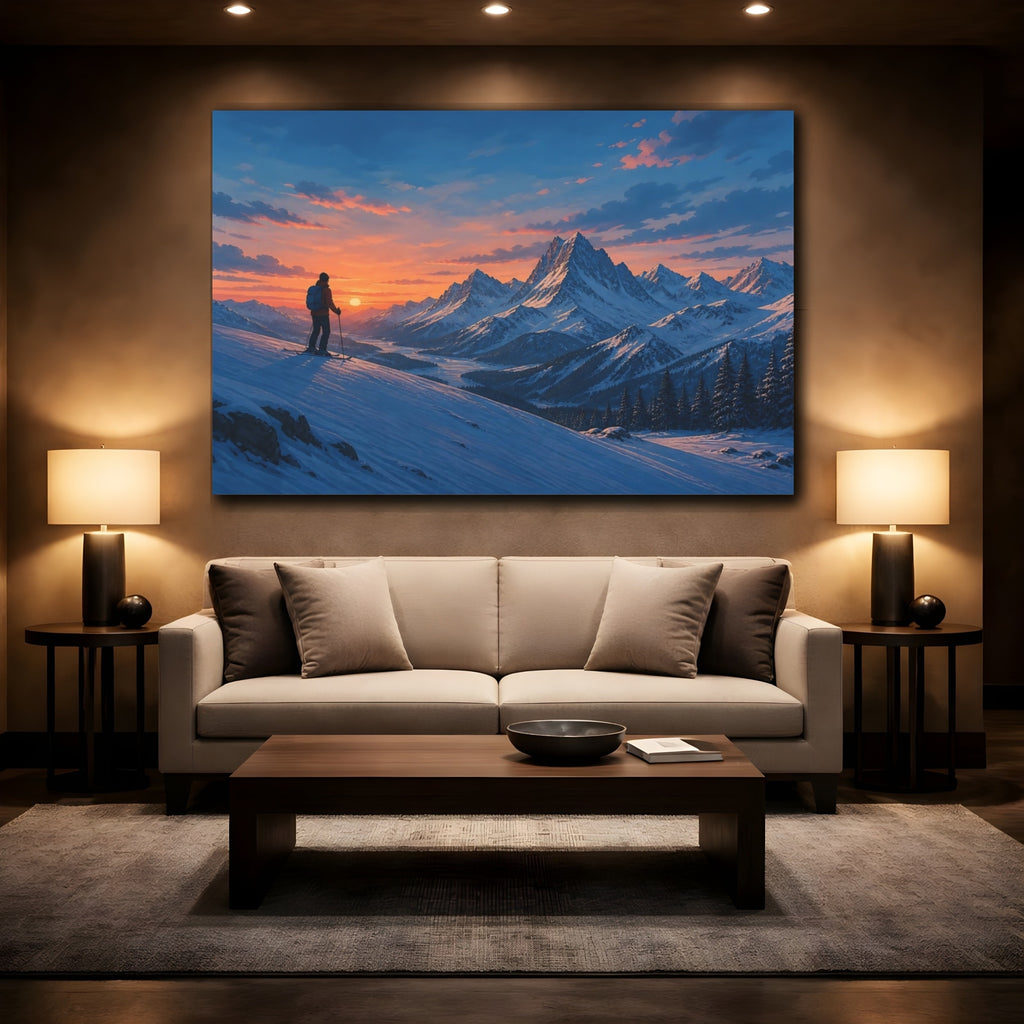 Mockup 2. Nature Mountain Skier Winter Sunset shown as stretched canvas wall art