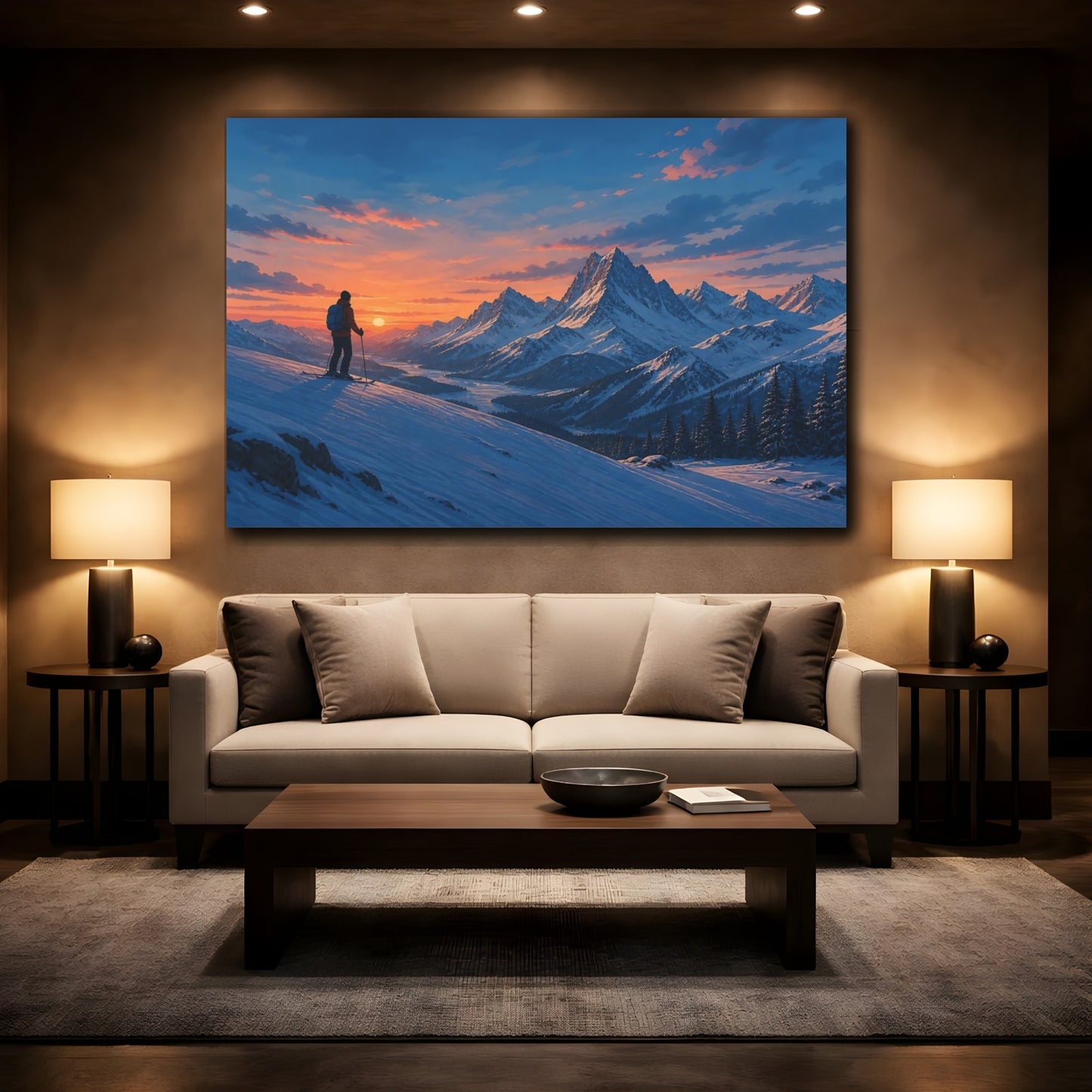 Mockup 2. Nature Mountain Skier Winter Sunset shown as stretched canvas wall art