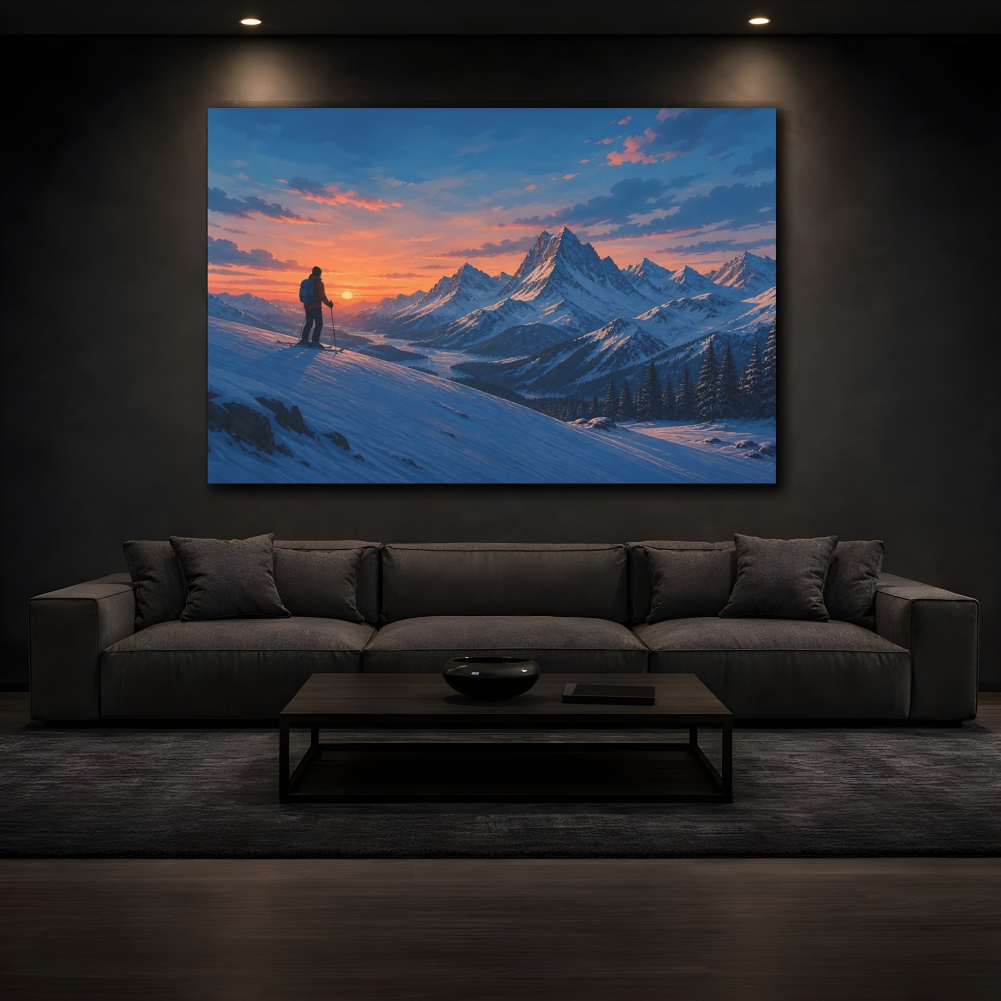Mockup 3. Nature Mountain Skier Winter Sunset shown as stretched canvas wall art