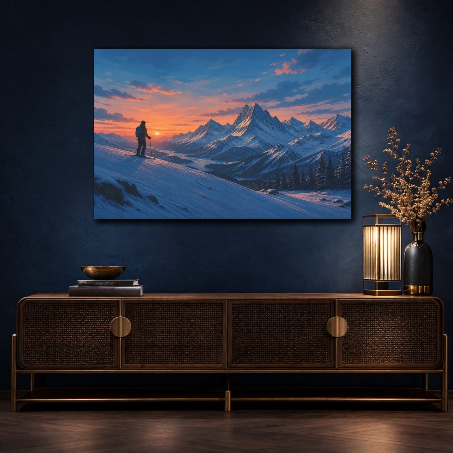 Mockup 4. Nature Mountain Skier Winter Sunset shown as stretched canvas wall art