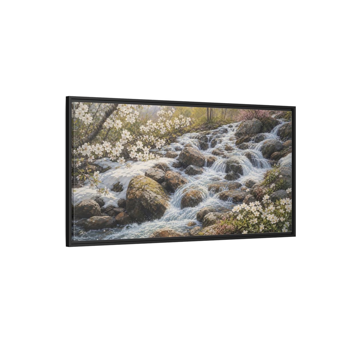Side Mockup 5. Nature Mountain Stream Mountain Stream Flowers shown as stretched canvas wall art