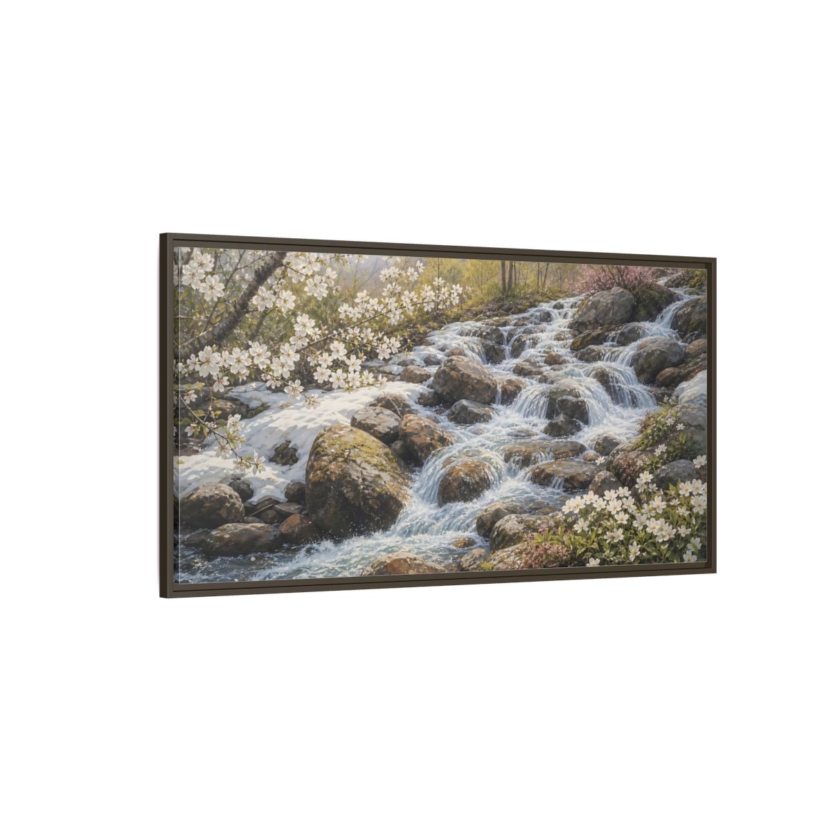 Side Mockup 4. Nature Mountain Stream Mountain Stream Flowers shown as stretched canvas wall art