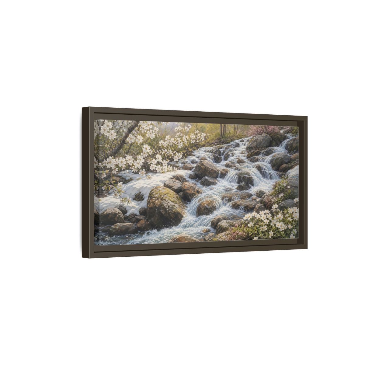Side Mockup 7. Nature Mountain Stream Mountain Stream Flowers shown as stretched canvas wall art