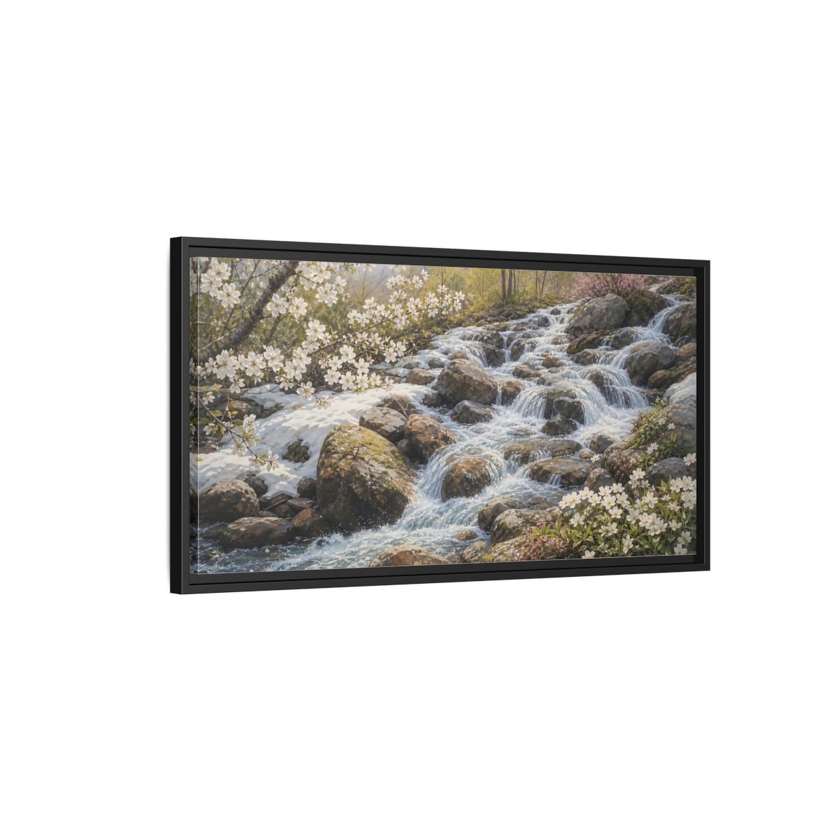 Side Mockup 2. Nature Mountain Stream Mountain Stream Flowers shown as stretched canvas wall art