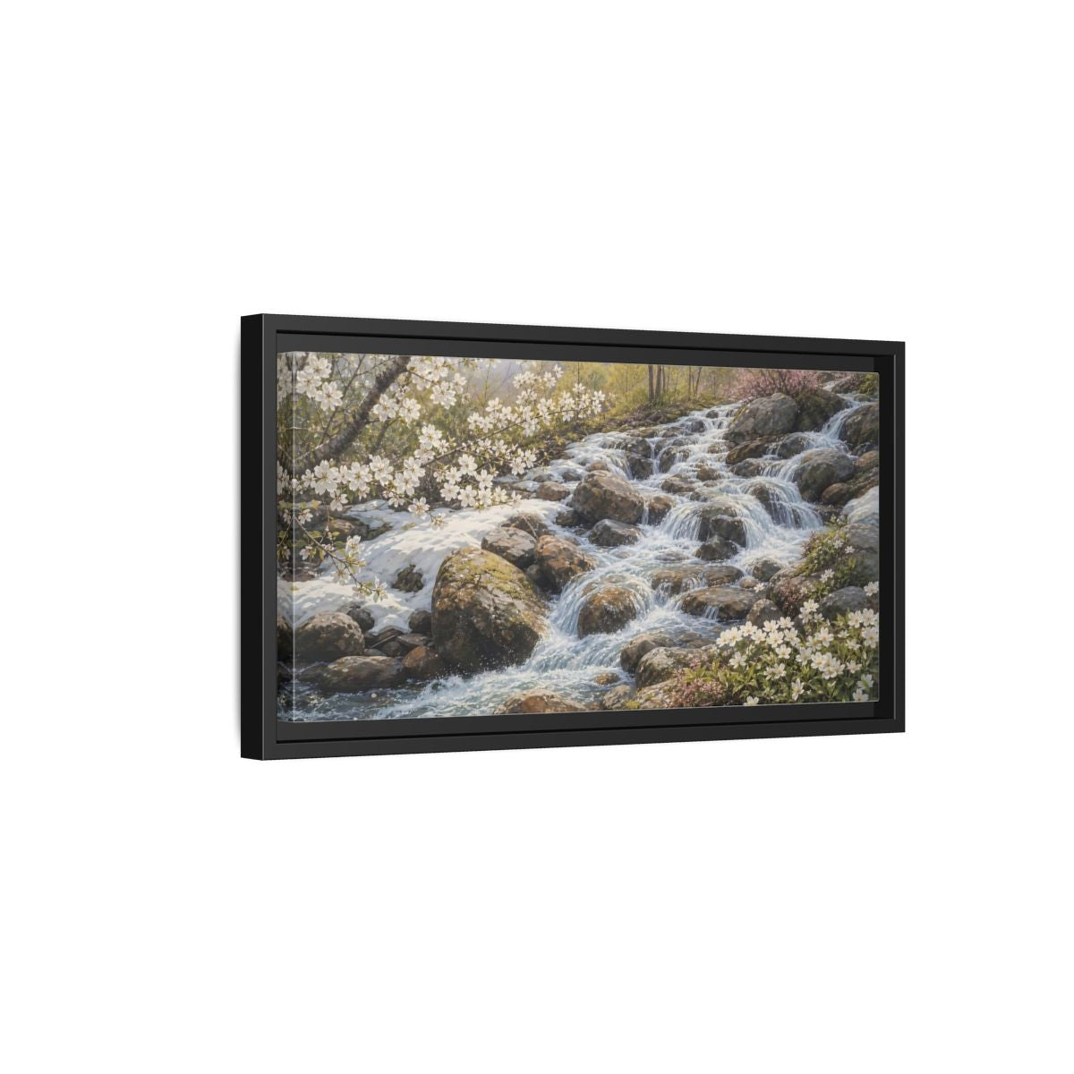 Side Mockup 8. Nature Mountain Stream Mountain Stream Flowers shown as stretched canvas wall art