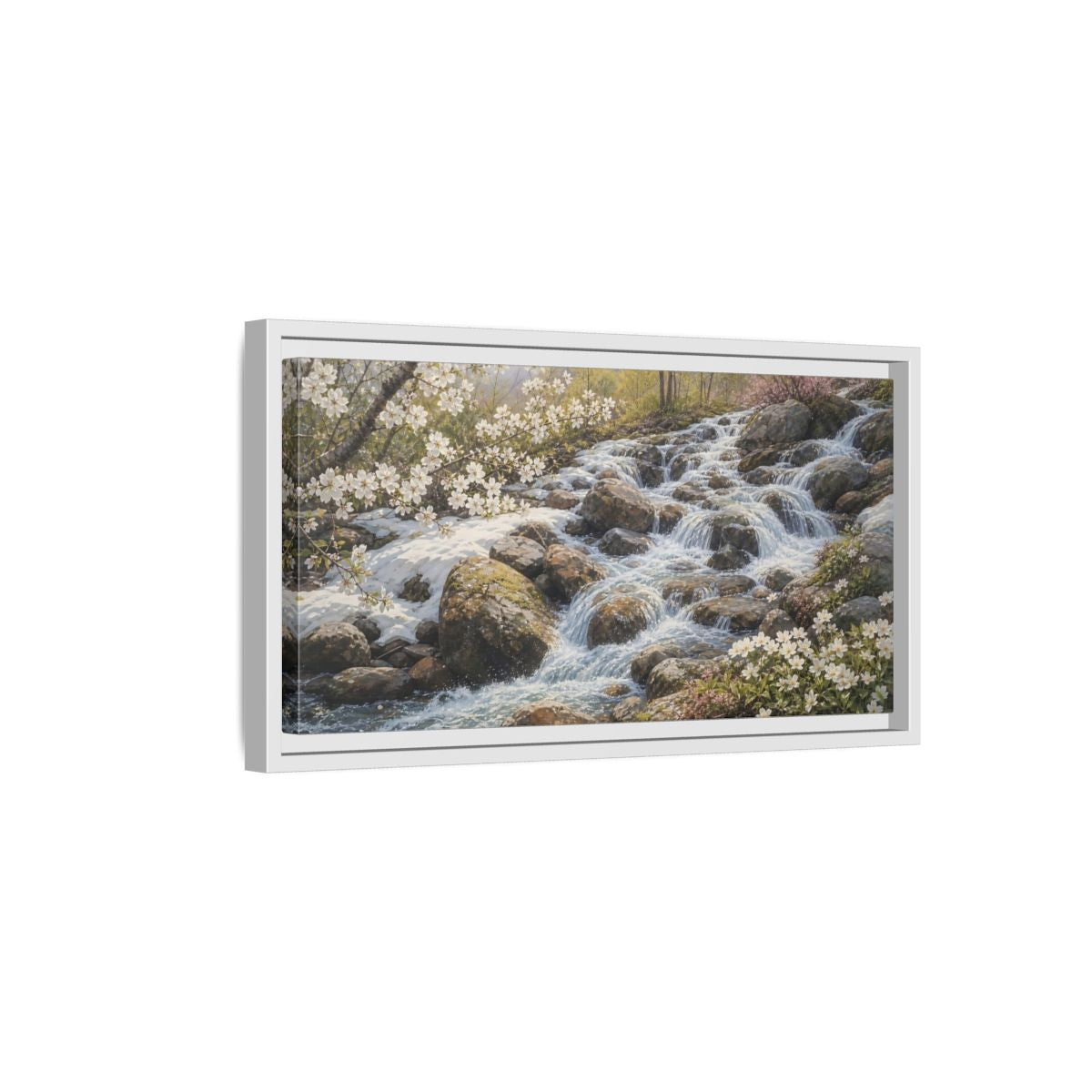 Side Mockup 6. Nature Mountain Stream Mountain Stream Flowers shown as stretched canvas wall art