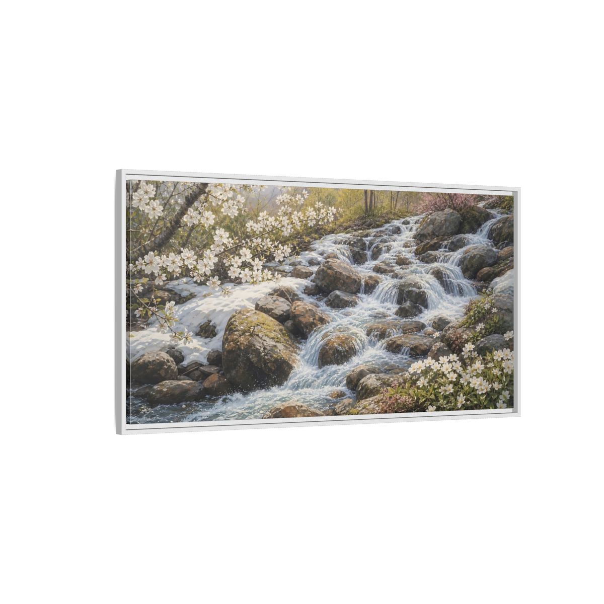 Side Mockup 3. Nature Mountain Stream Mountain Stream Flowers shown as stretched canvas wall art