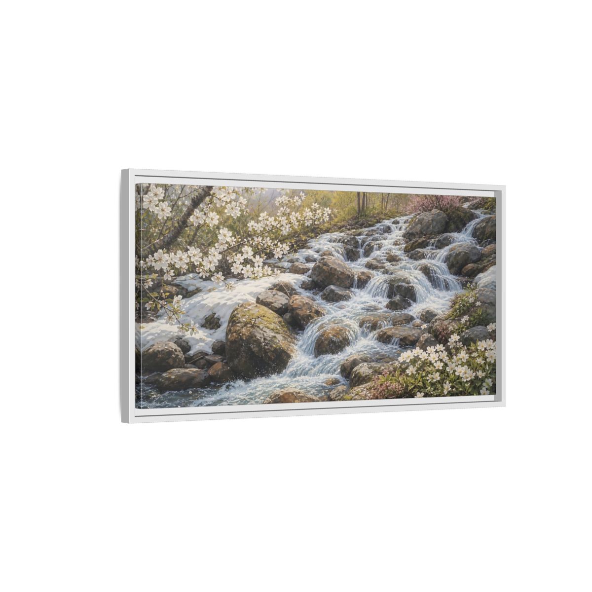 Side Mockup 1. Nature Mountain Stream Mountain Stream Flowers shown as stretched canvas wall art