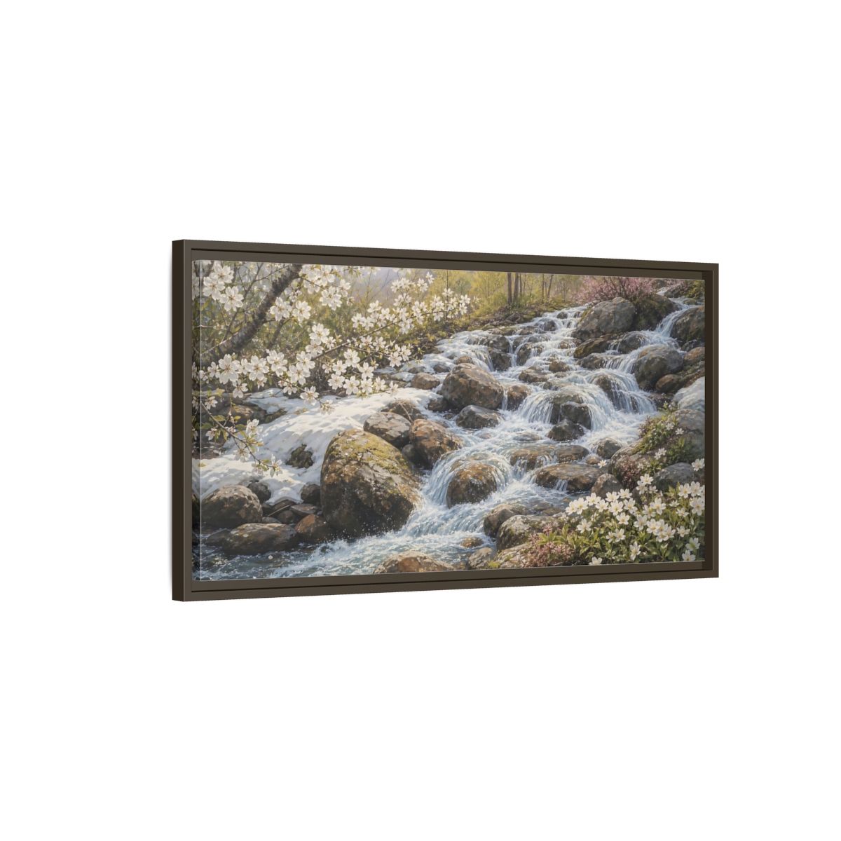 Main Mockup. Nature Mountain Stream Mountain Stream Flowers shown as stretched canvas wall art