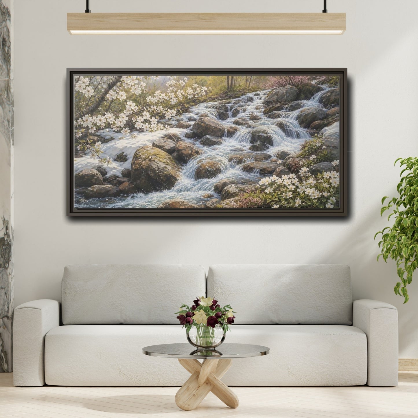 Mockup 2. Nature Mountain Stream Mountain Stream Flowers shown as stretched canvas wall art