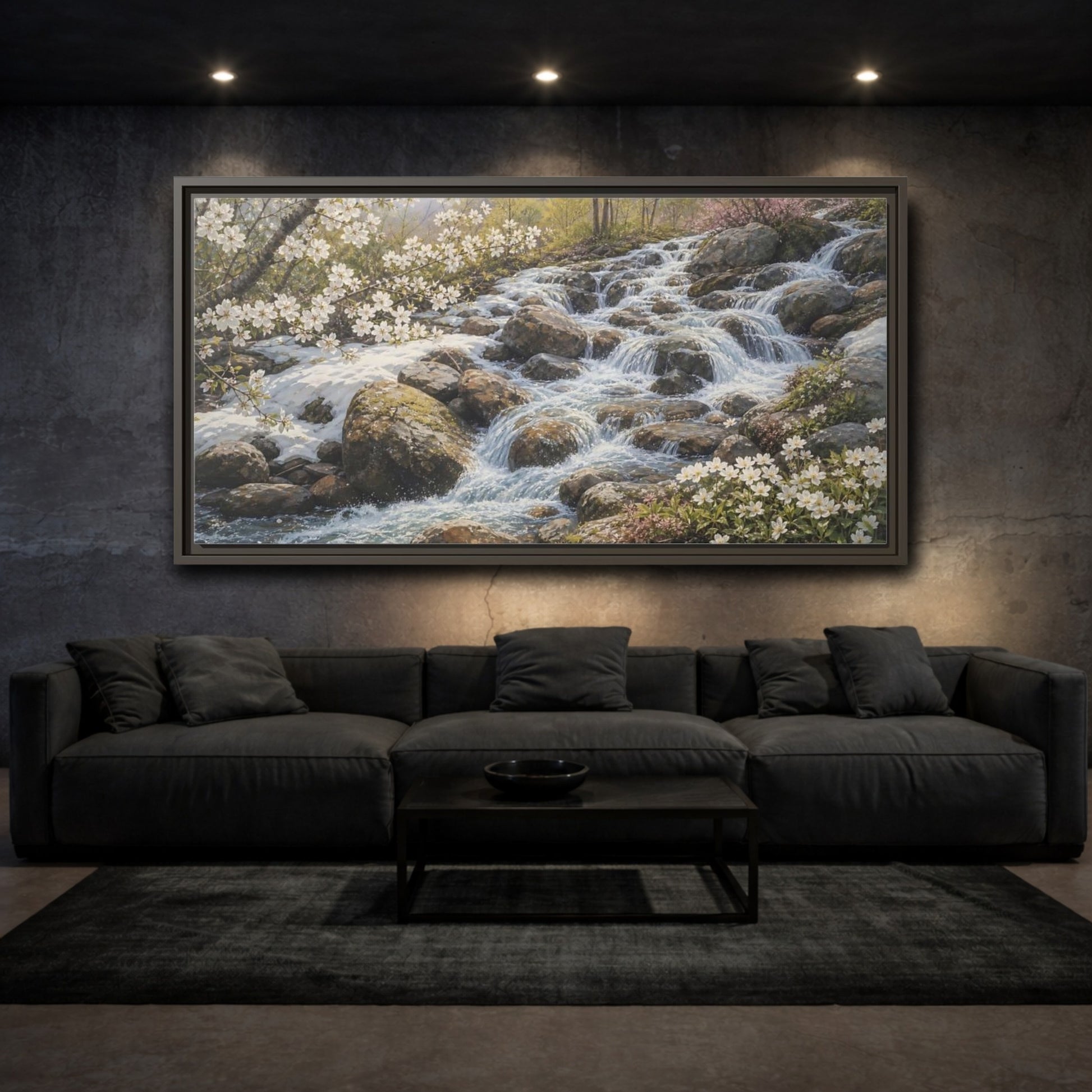 Mockup 3. Nature Mountain Stream Mountain Stream Flowers shown as stretched canvas wall art