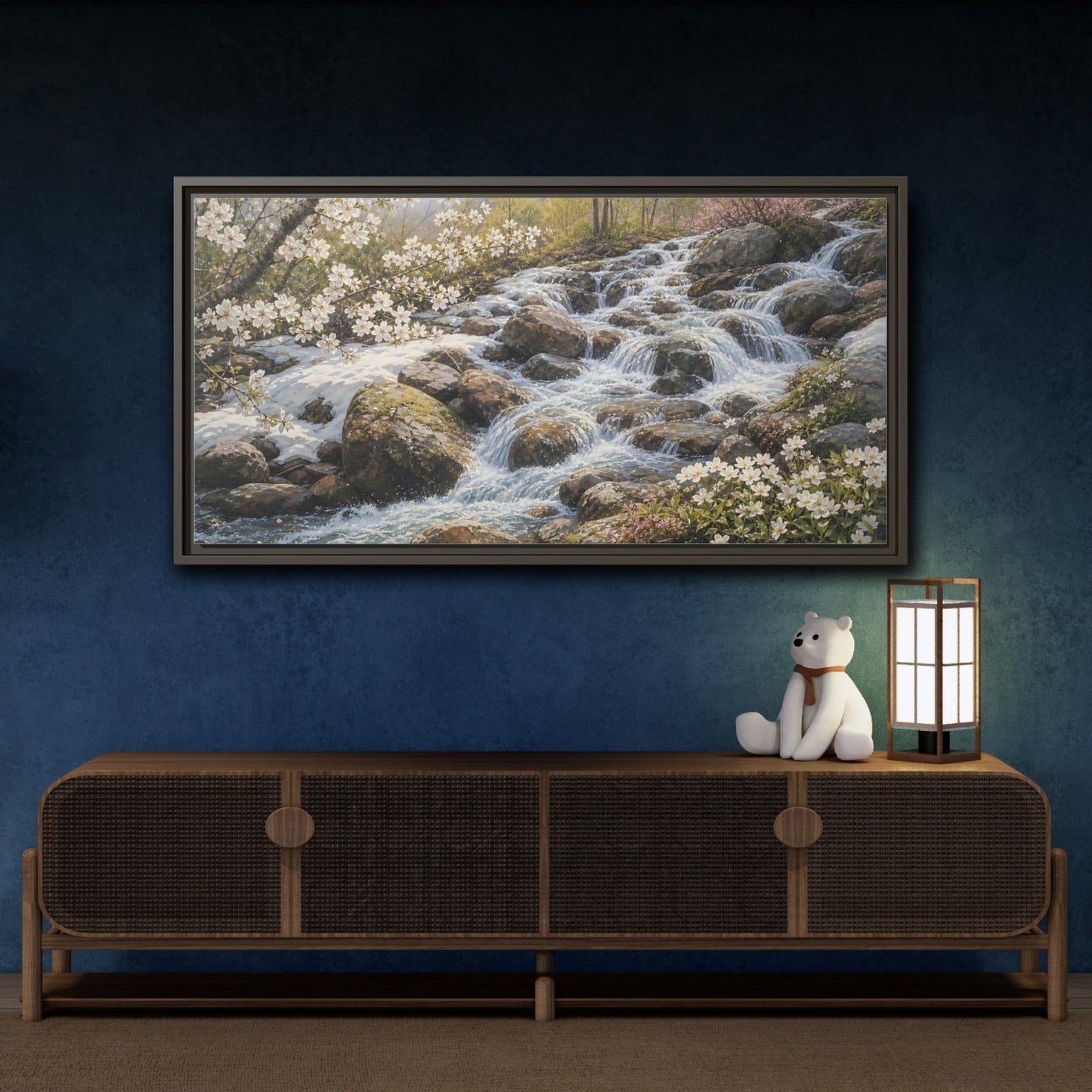 Mockup 4. Nature Mountain Stream Mountain Stream Flowers shown as stretched canvas wall art