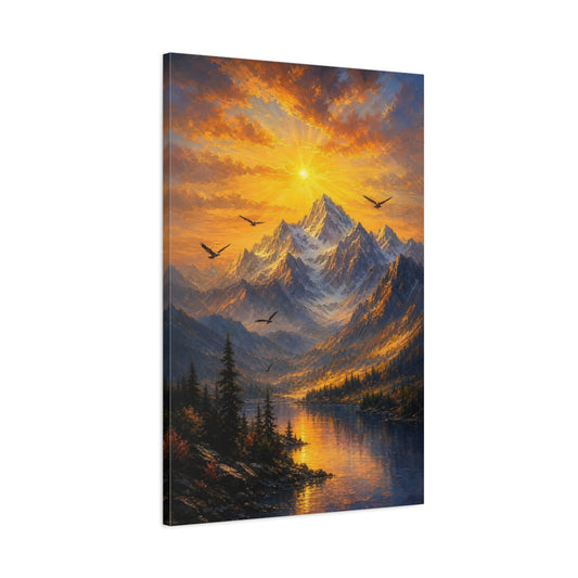 Main Mockup. Nature Mountain Sunset Golden Sunset Landscape shown as stretched canvas wall art