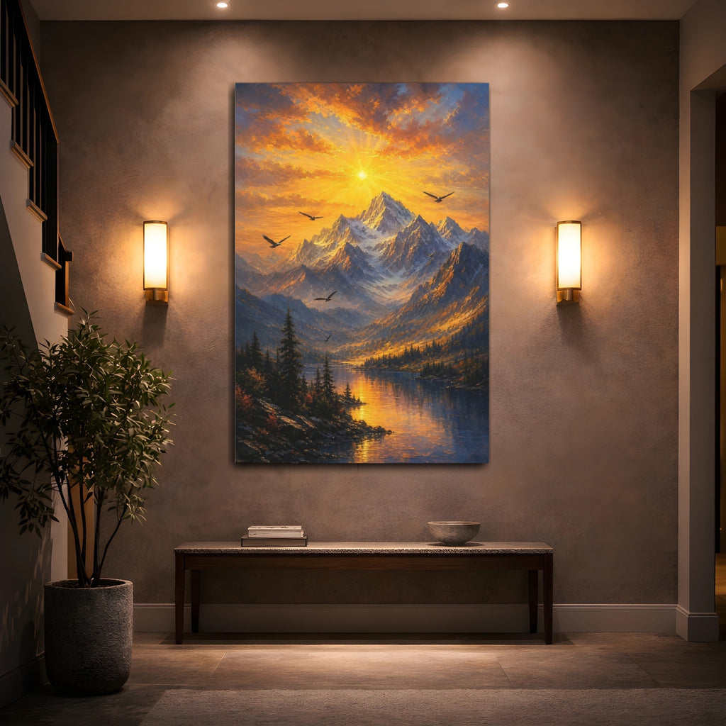 Mockup 2. Nature Mountain Sunset Golden Sunset Landscape shown as stretched canvas wall art