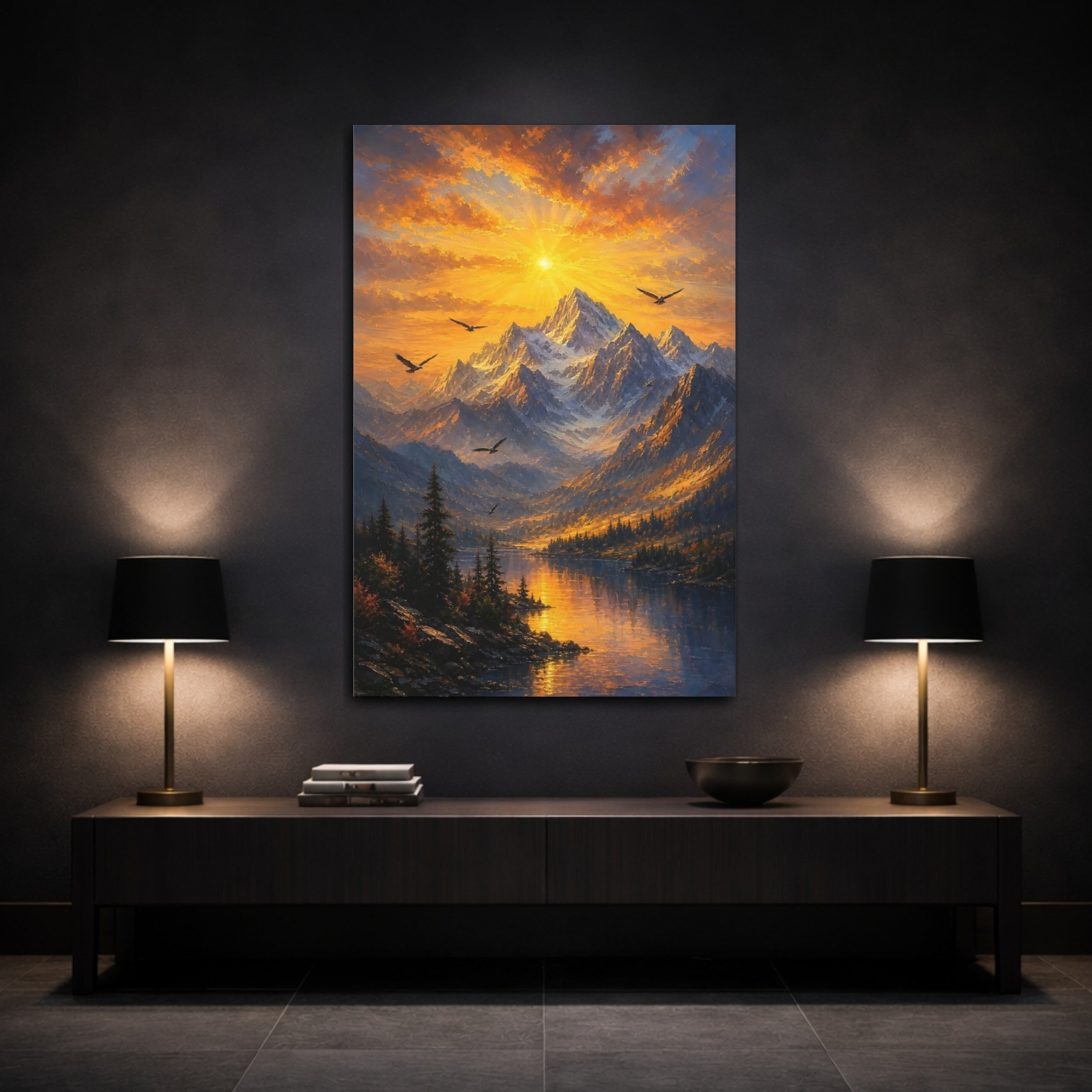 Mockup 3. Nature Mountain Sunset Golden Sunset Landscape shown as stretched canvas wall art
