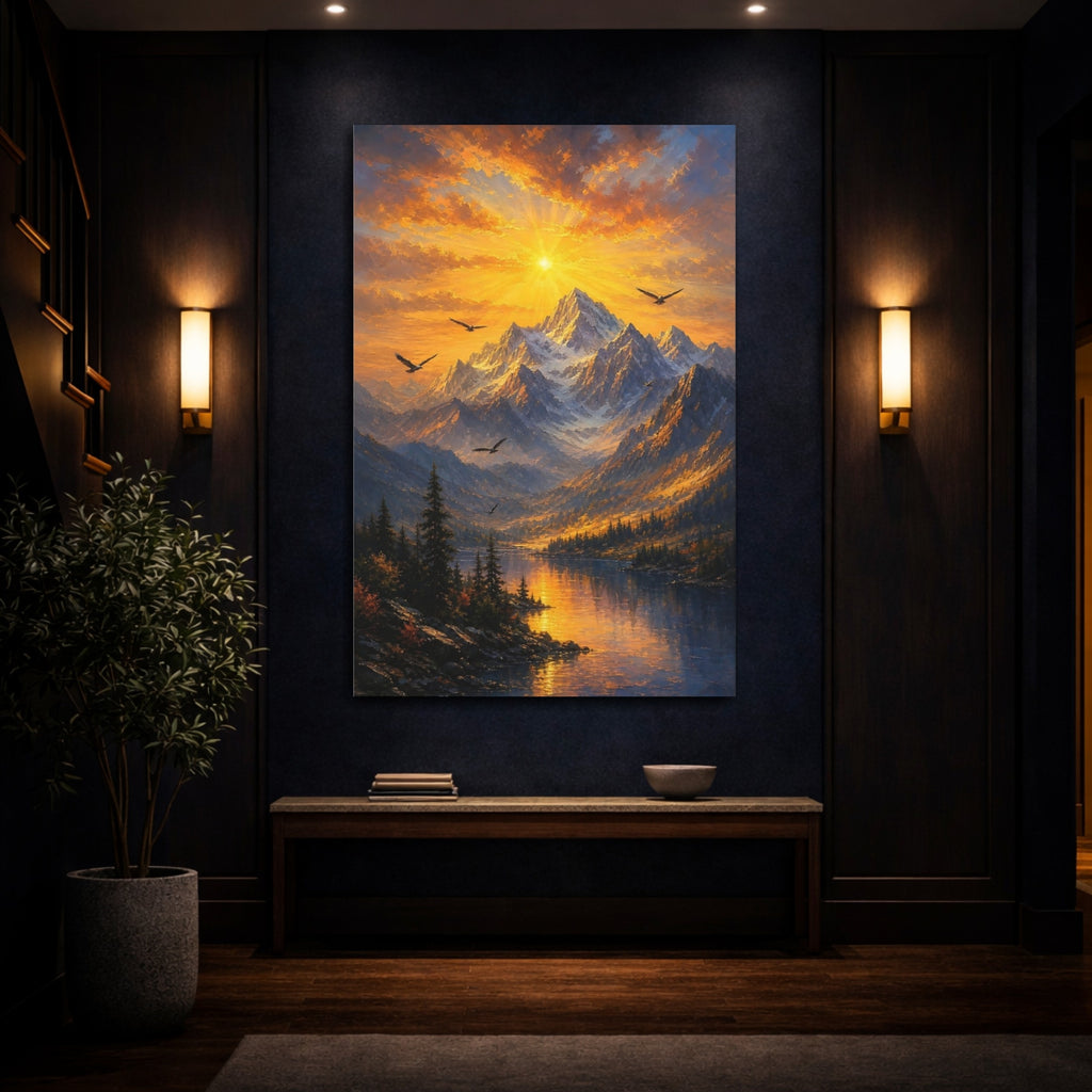 Mockup 4. Nature Mountain Sunset Golden Sunset Landscape shown as stretched canvas wall art