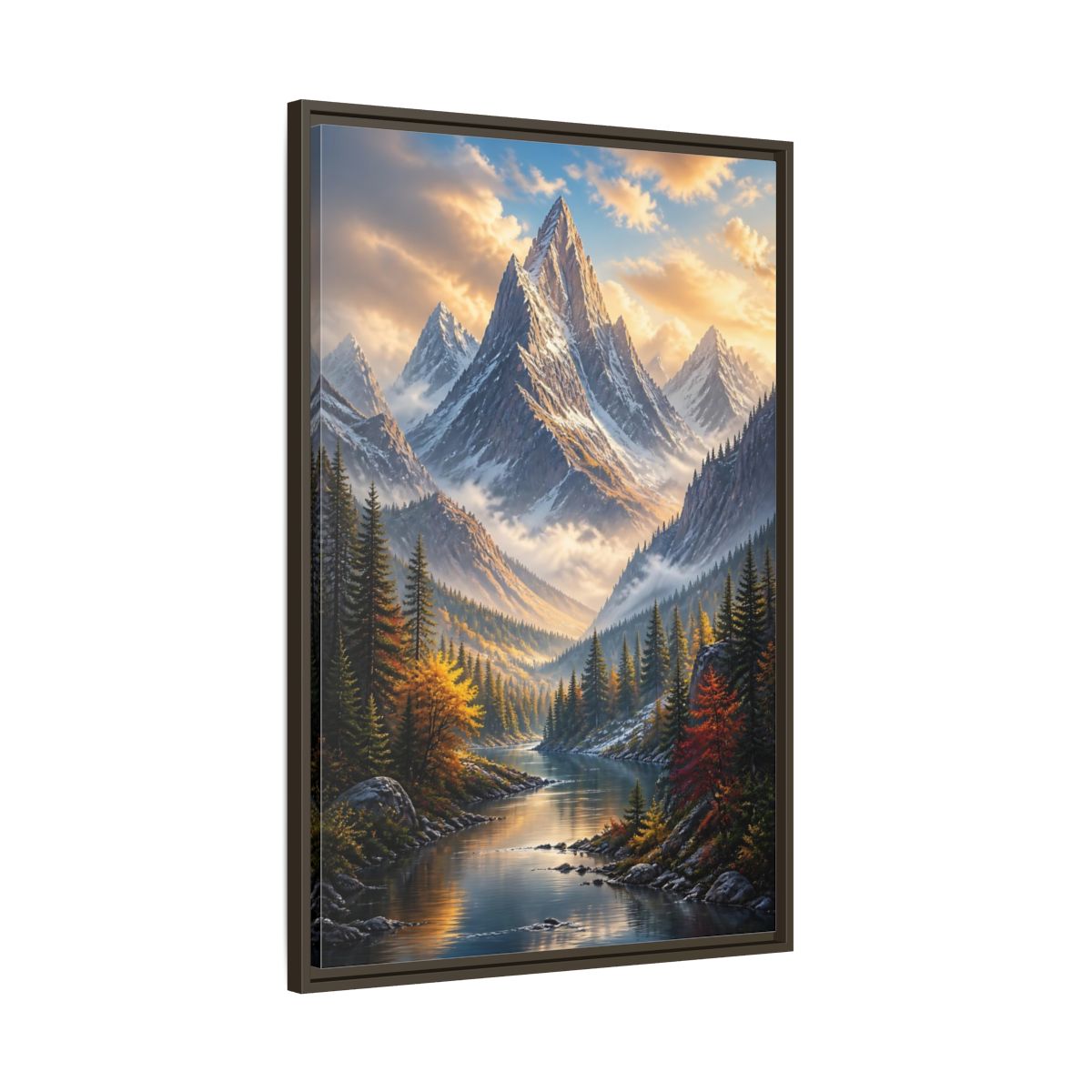 Main Mockup. Nature Mountain Valley Autumn Mountain River shown as stretched canvas wall art