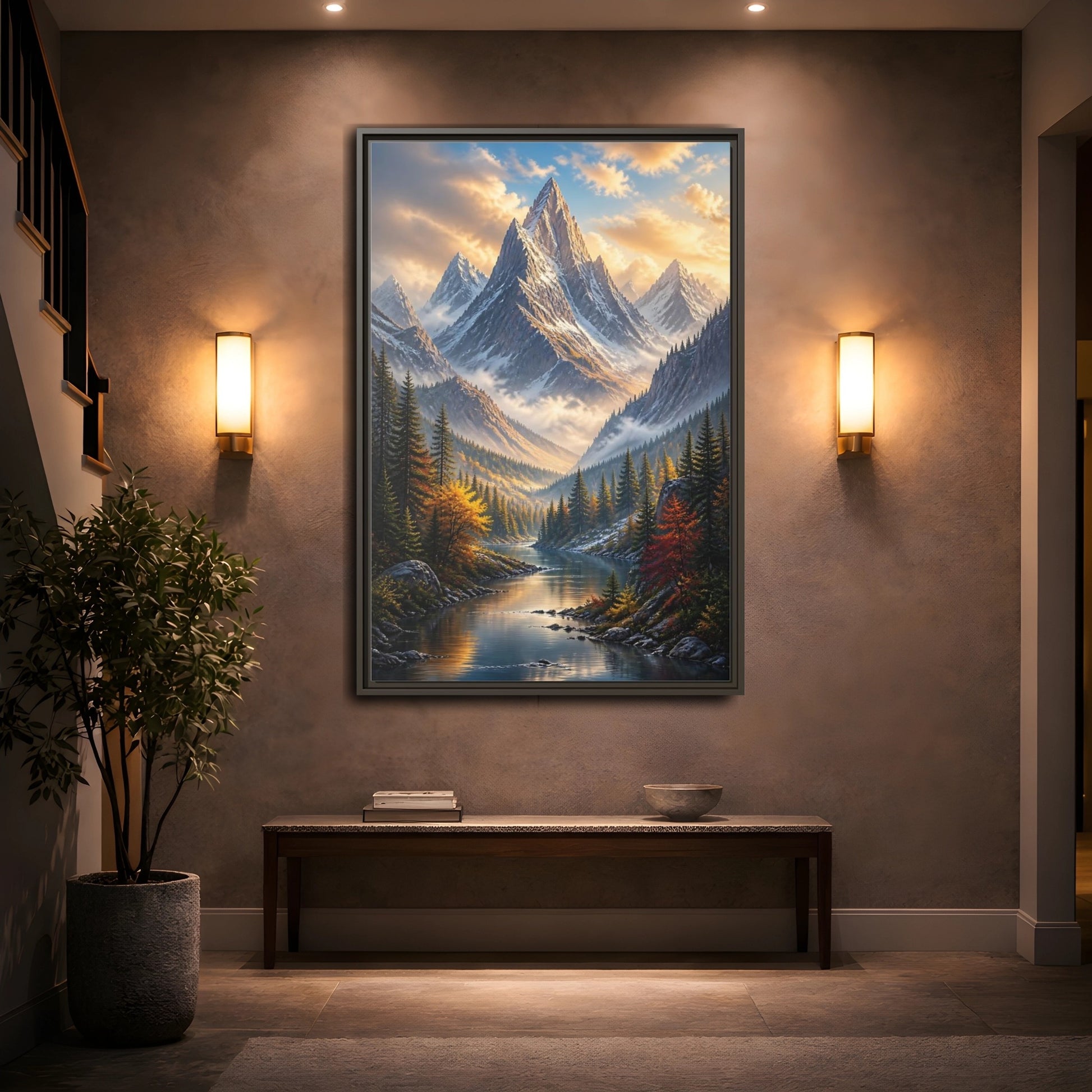 Mockup 2. Nature Mountain Valley Autumn Mountain River shown as stretched canvas wall art