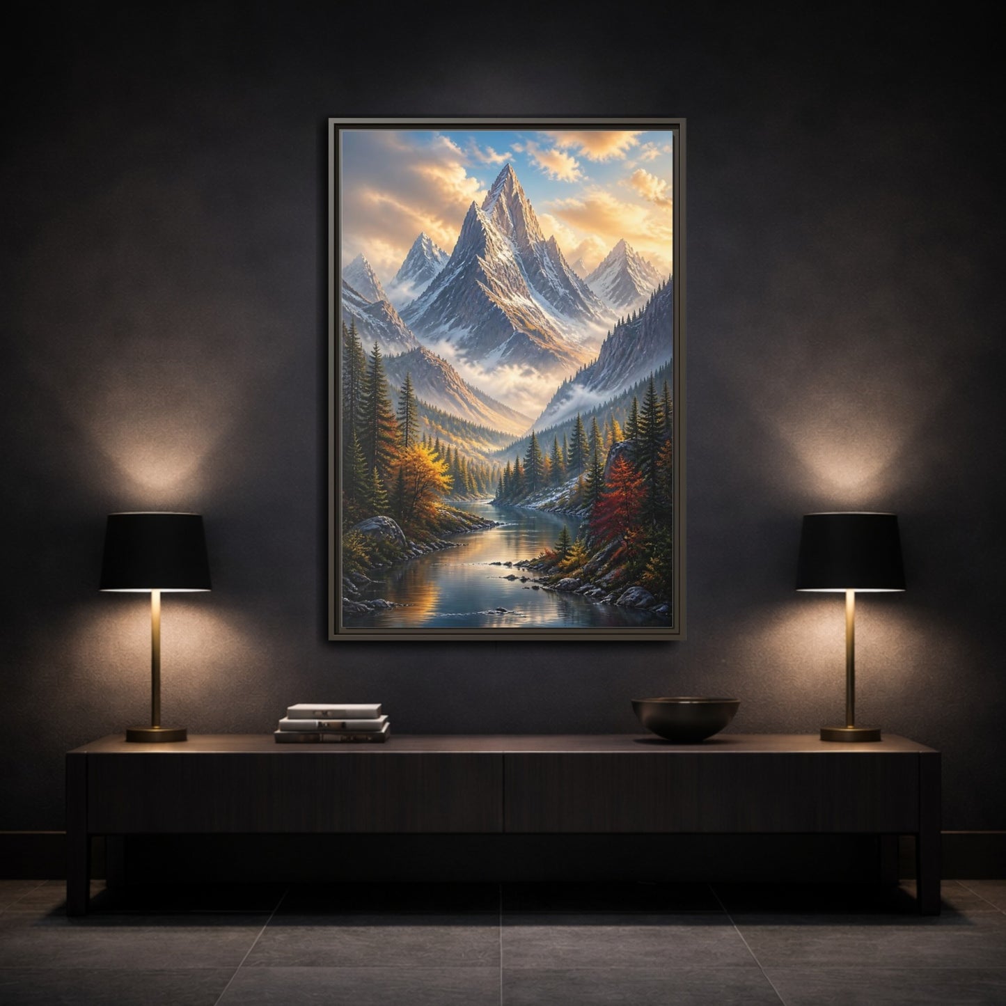 Mockup 3. Nature Mountain Valley Autumn Mountain River shown as stretched canvas wall art