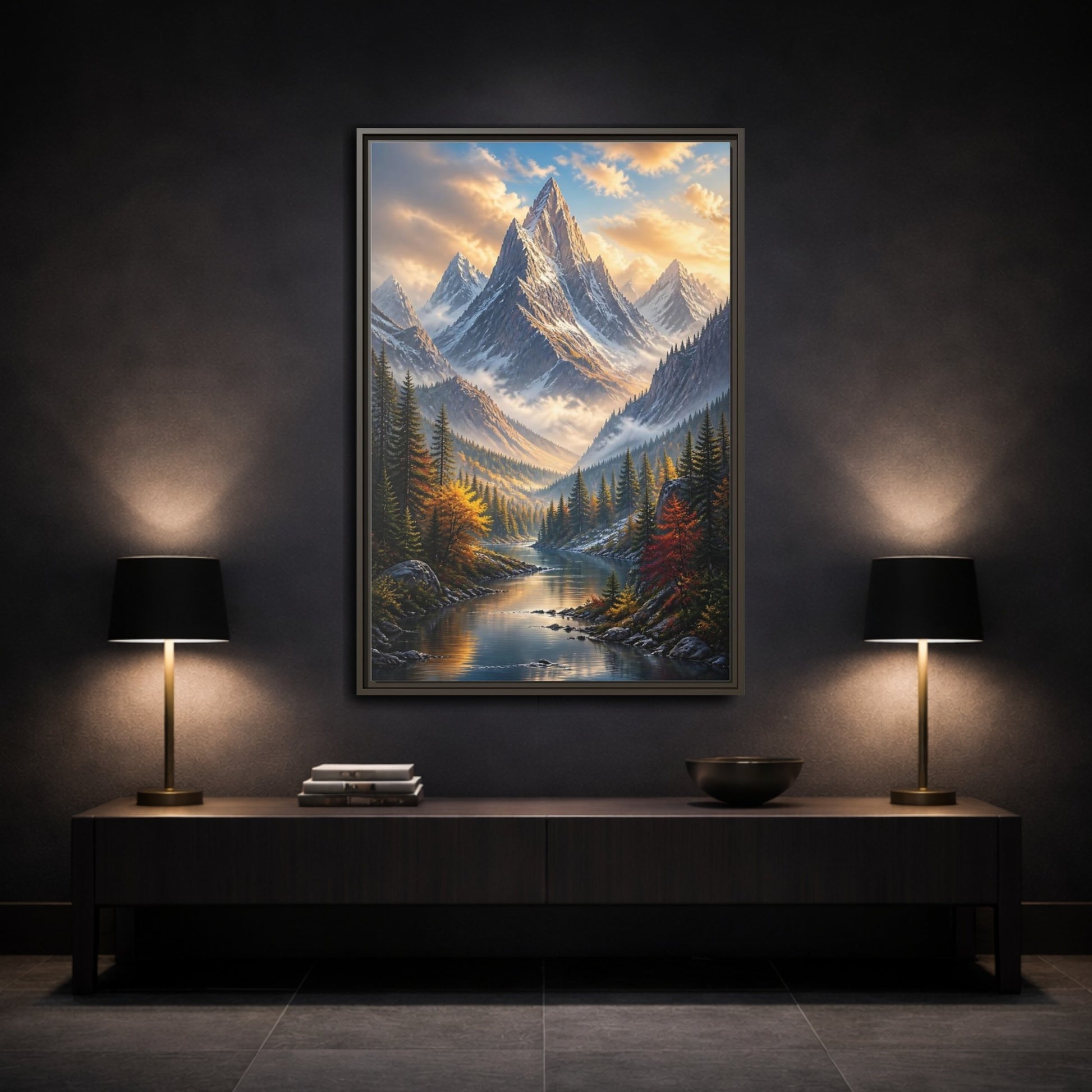 Mockup 3. Nature Mountain Valley Autumn Mountain River shown as stretched canvas wall art