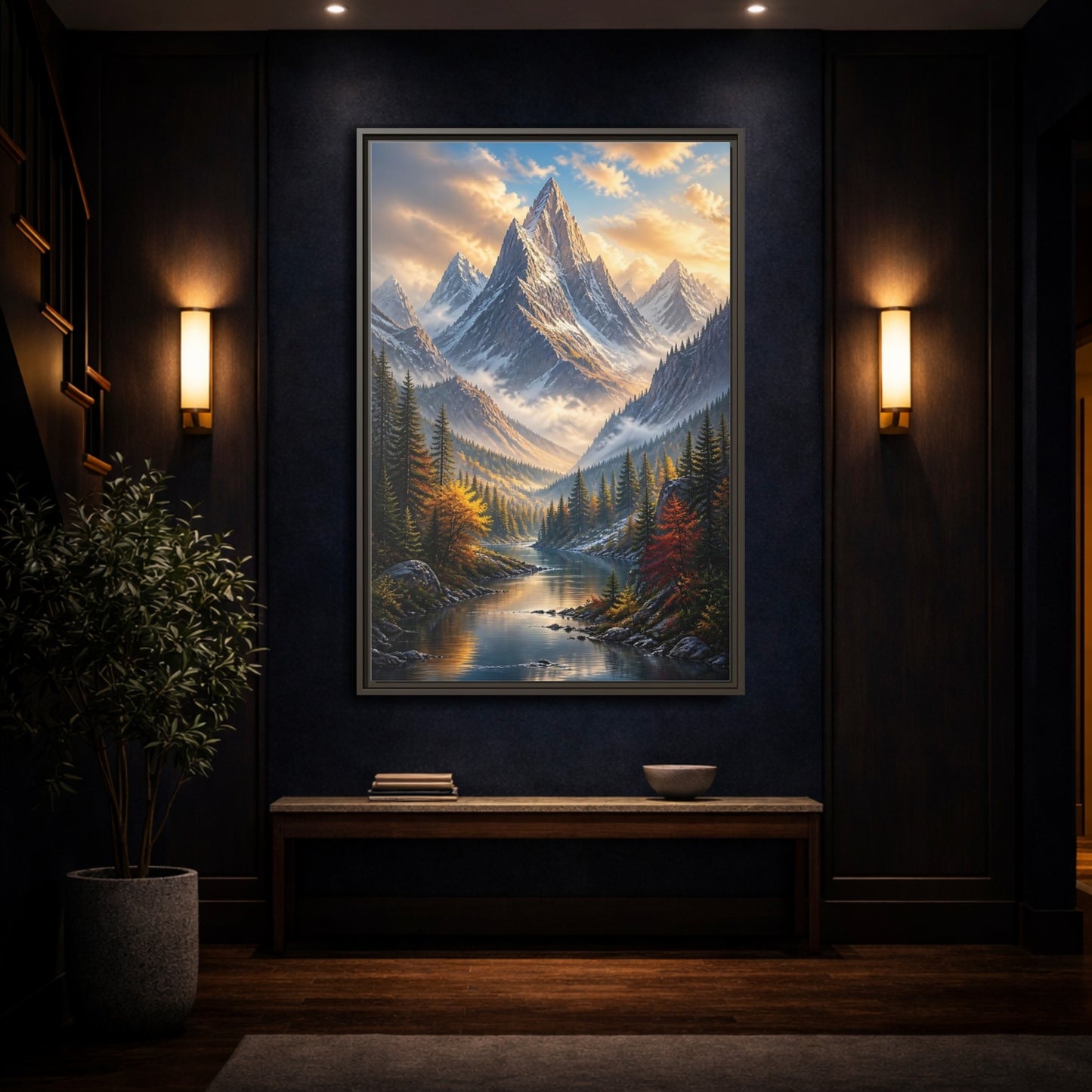 Mockup 4. Nature Mountain Valley Autumn Mountain River shown as stretched canvas wall art